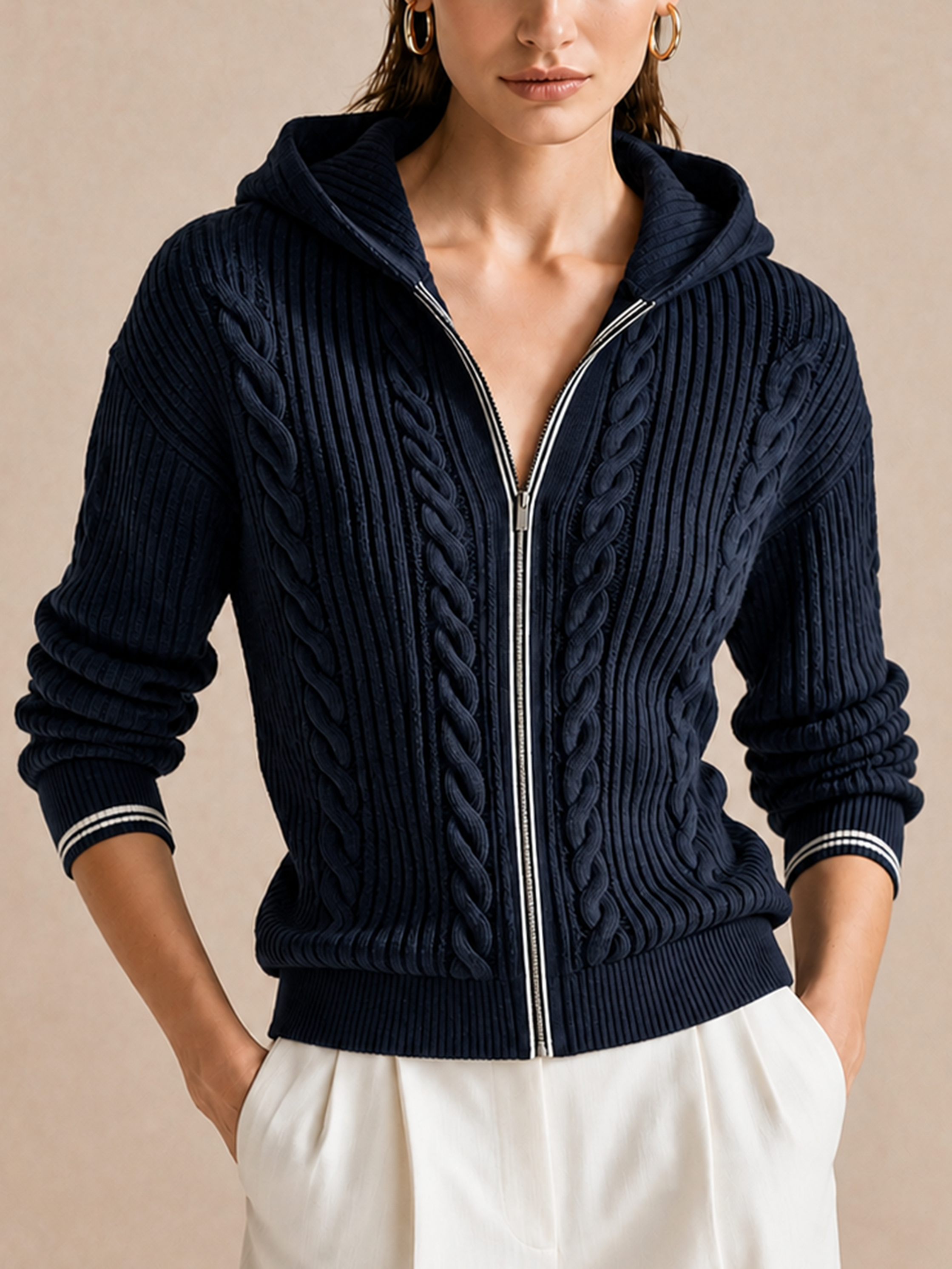 Navy Cable‑Knit Hooded Zip‑Up Cardigan