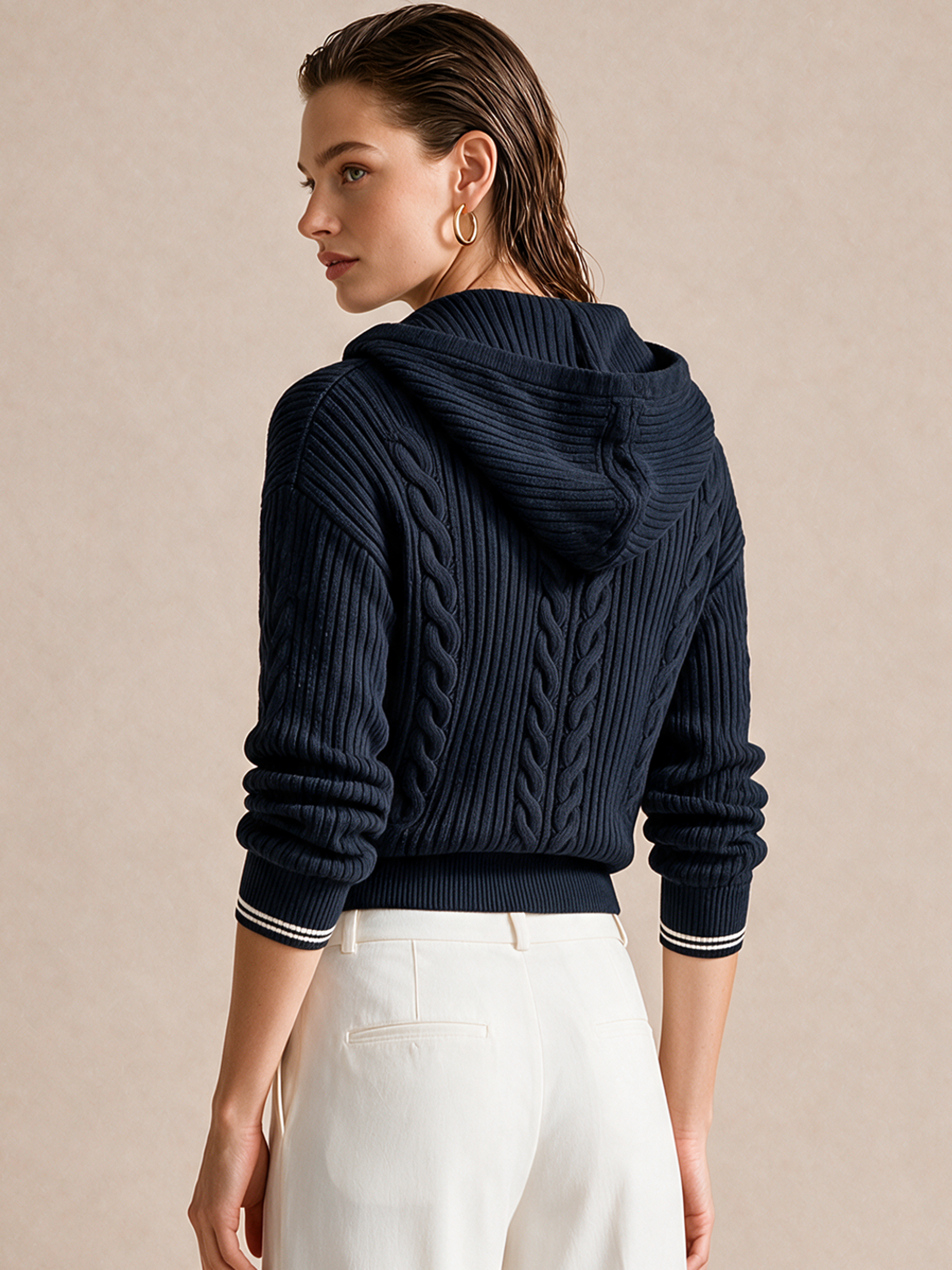 Navy Cable‑Knit Hooded Zip‑Up Cardigan