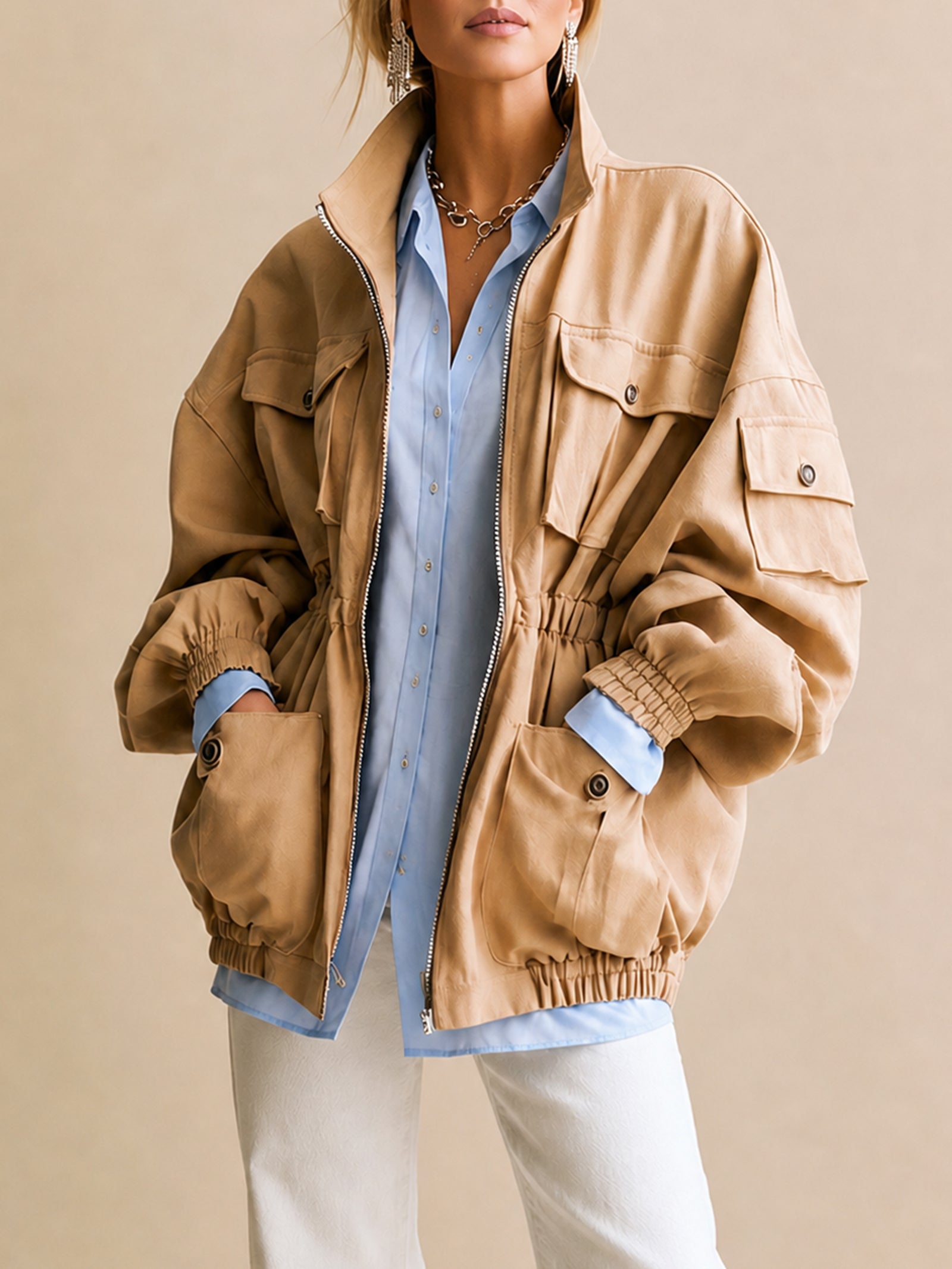 Elegant Brown Multi-pocket Jacket With A Stand-up Collar