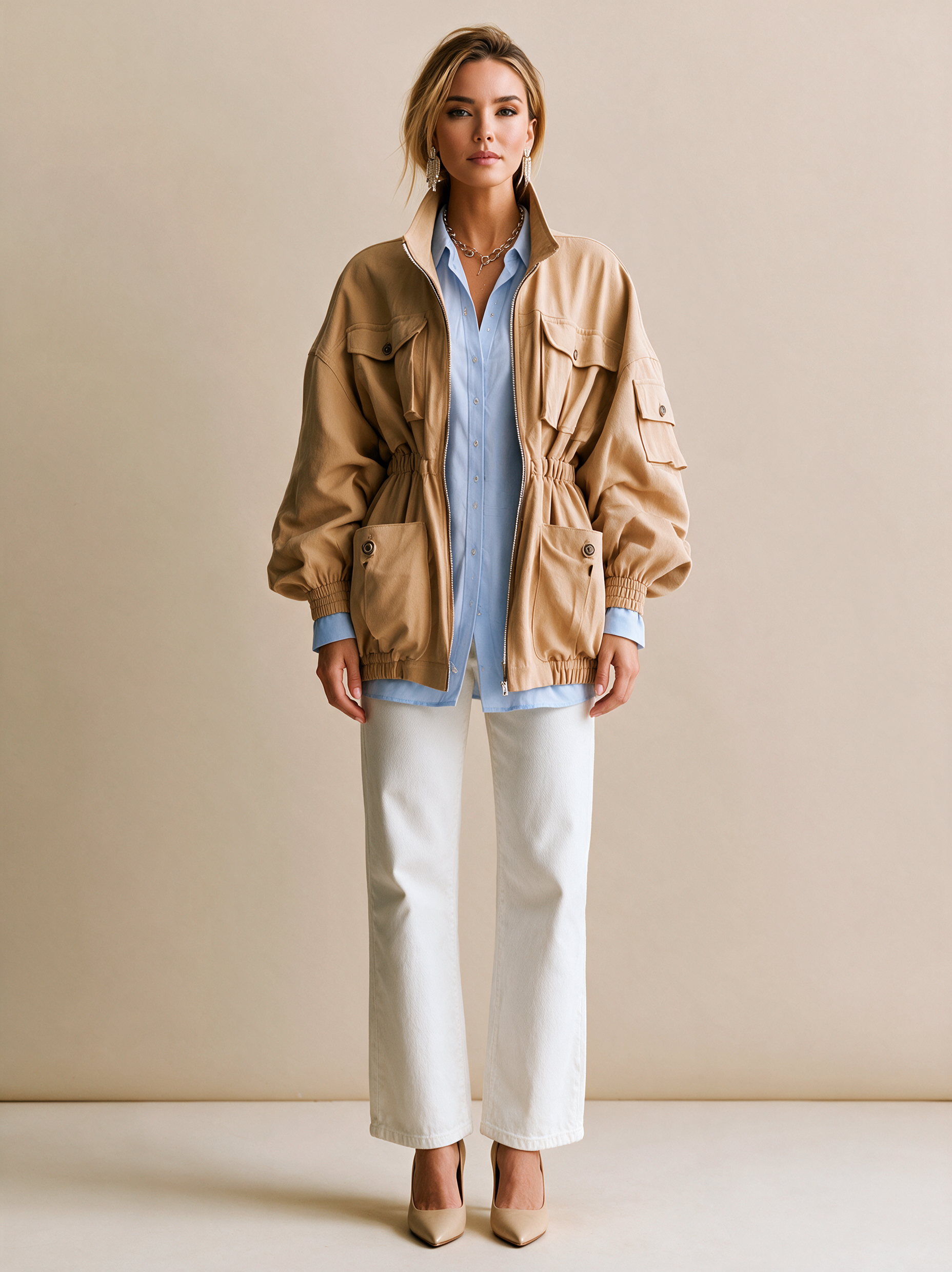 Elegant Brown Multi-pocket Jacket With A Stand-up Collar