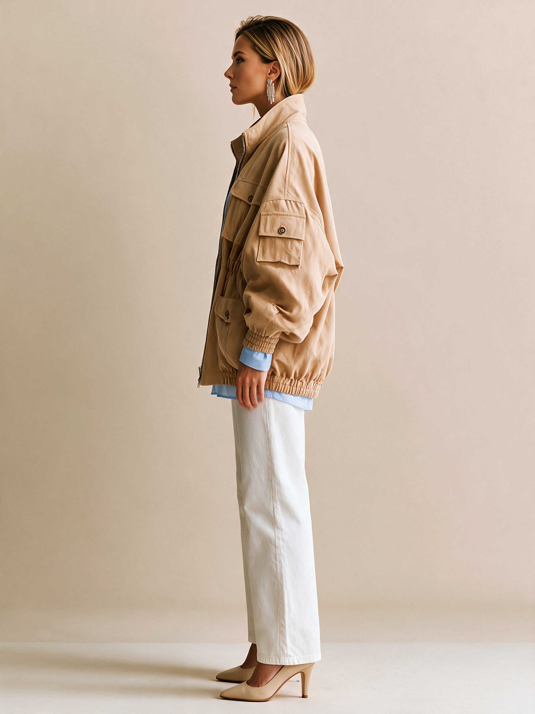 Elegant Brown Multi-pocket Jacket With A Stand-up Collar