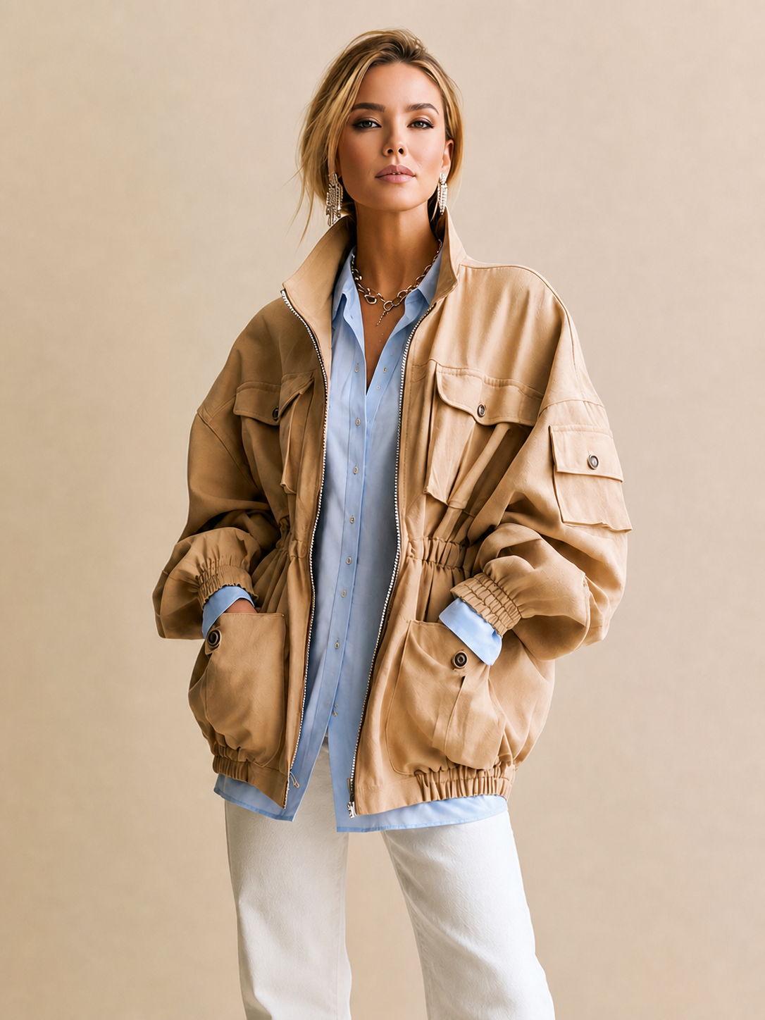 Elegant Brown Multi-pocket Jacket With A Stand-up Collar