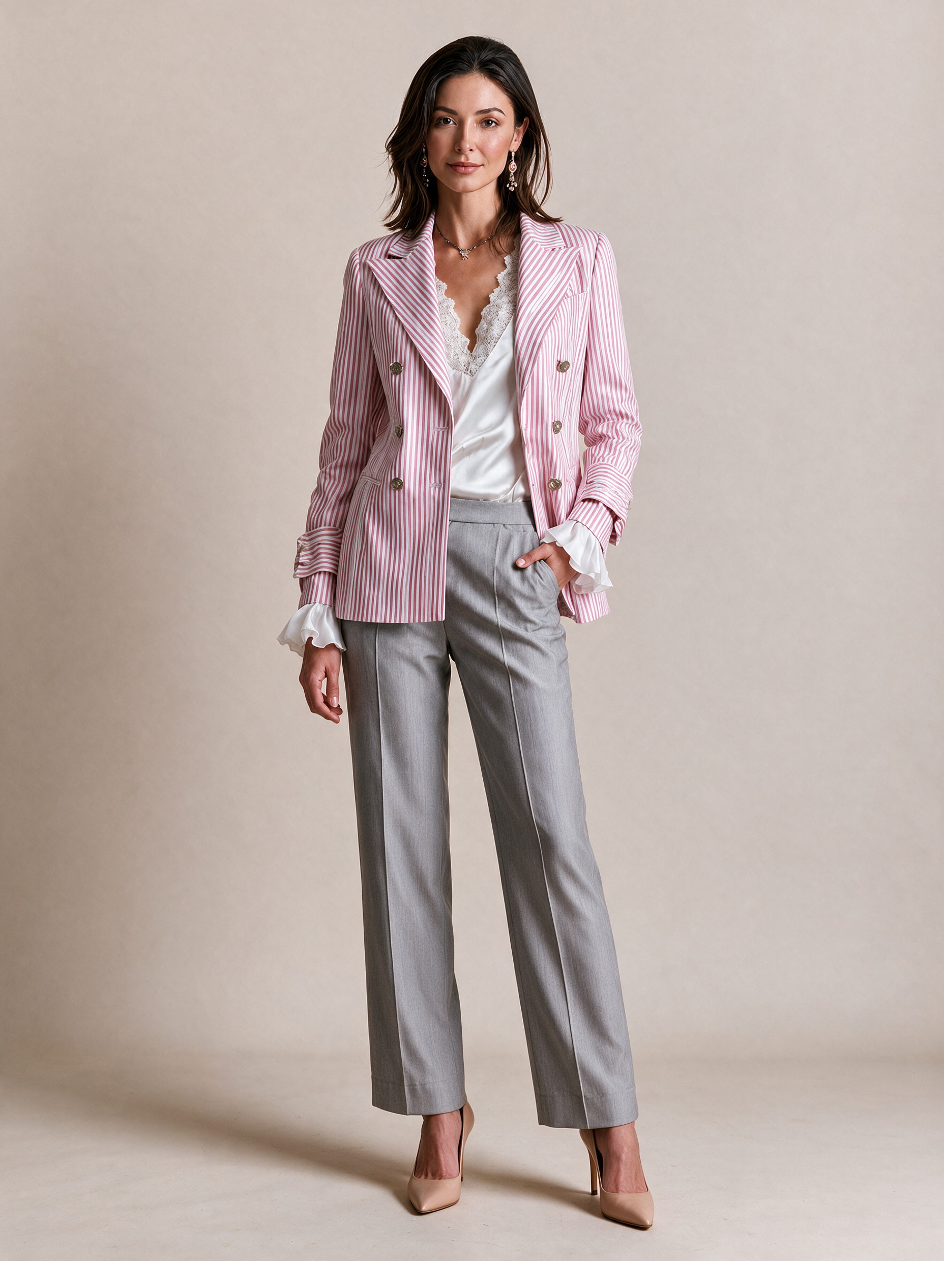 Elegant Pink And White Striped Blazer