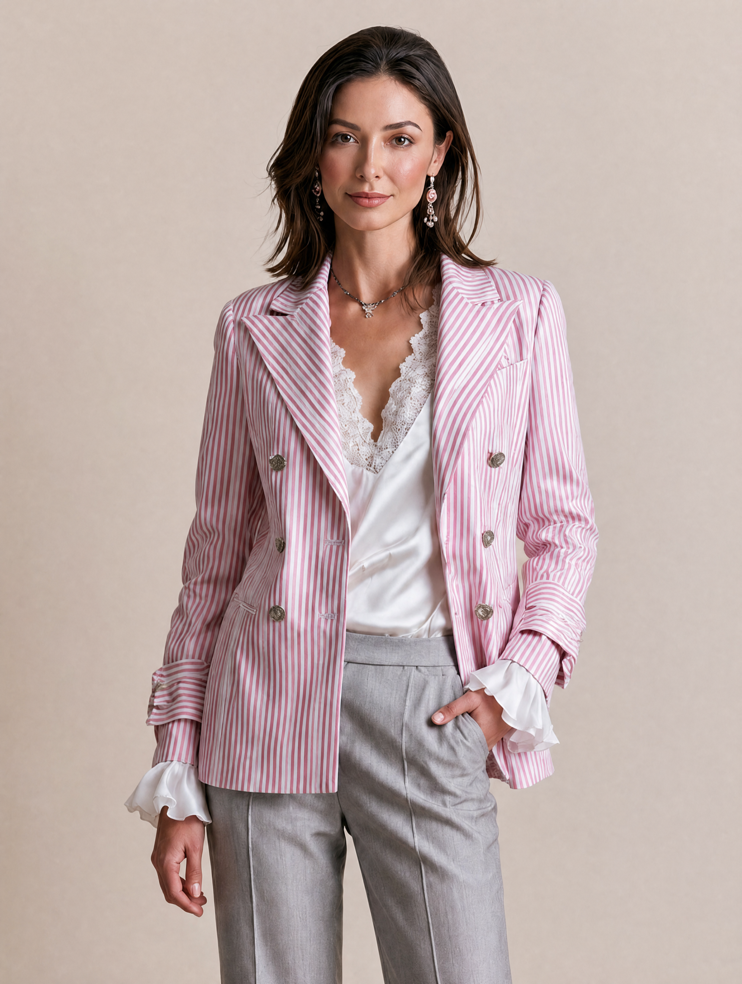 Elegant Pink And White Striped Blazer