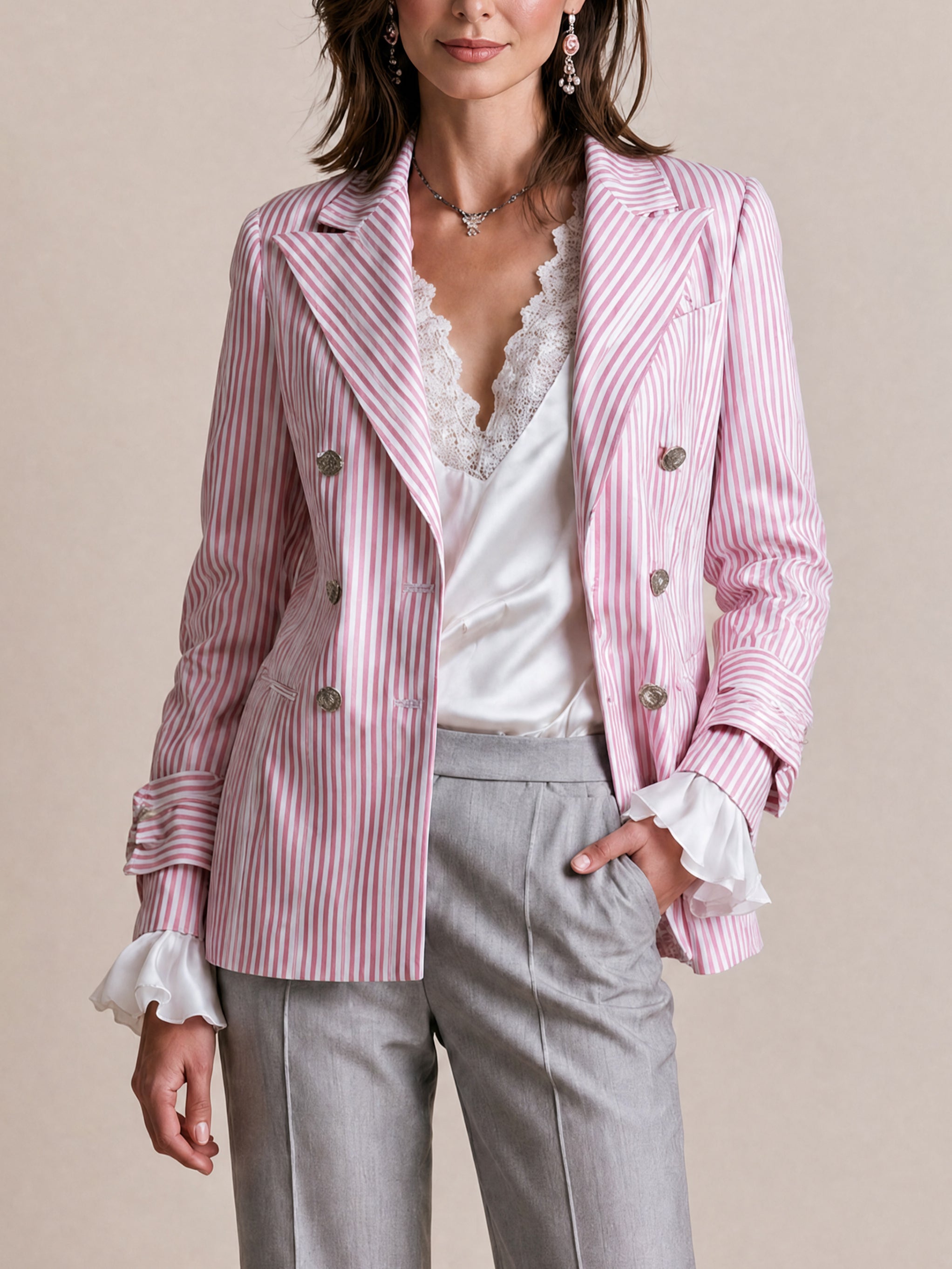 Elegant Pink And White Striped Blazer