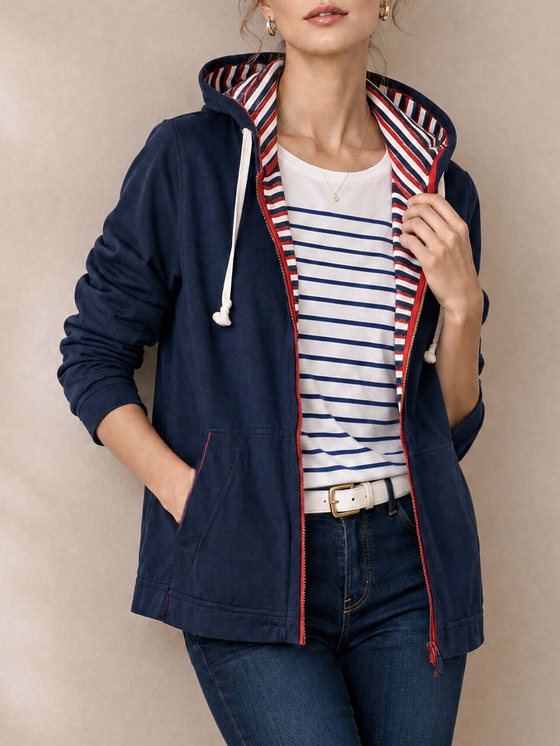 Navy Blue Hoodie With Red And White Stripes