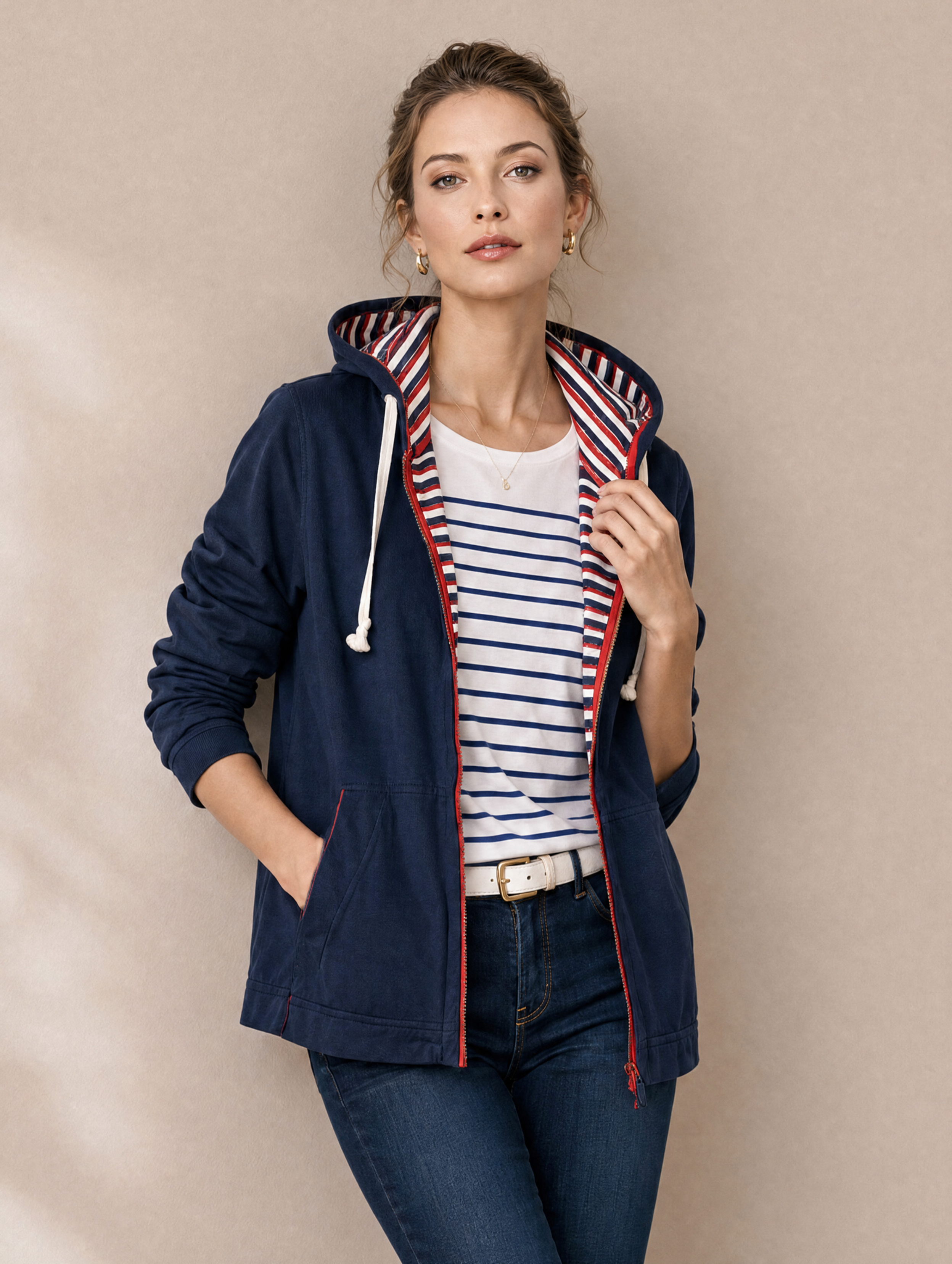 Navy Blue Hoodie With Red And White Stripes