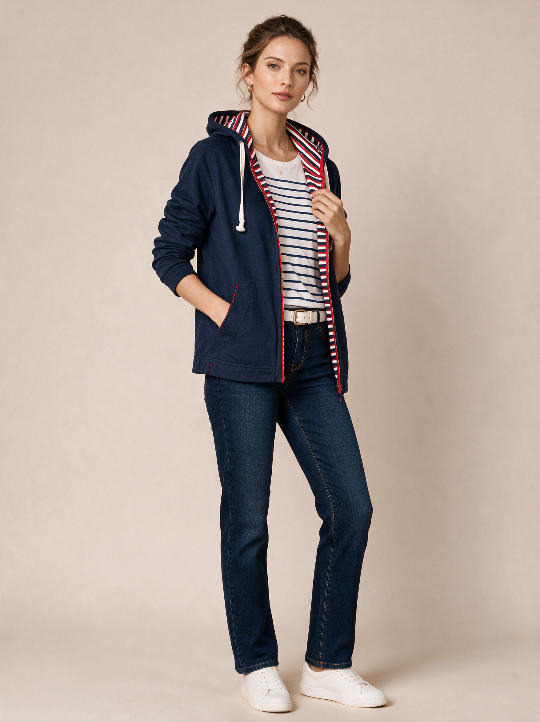 Navy Blue Hoodie With Red And White Stripes