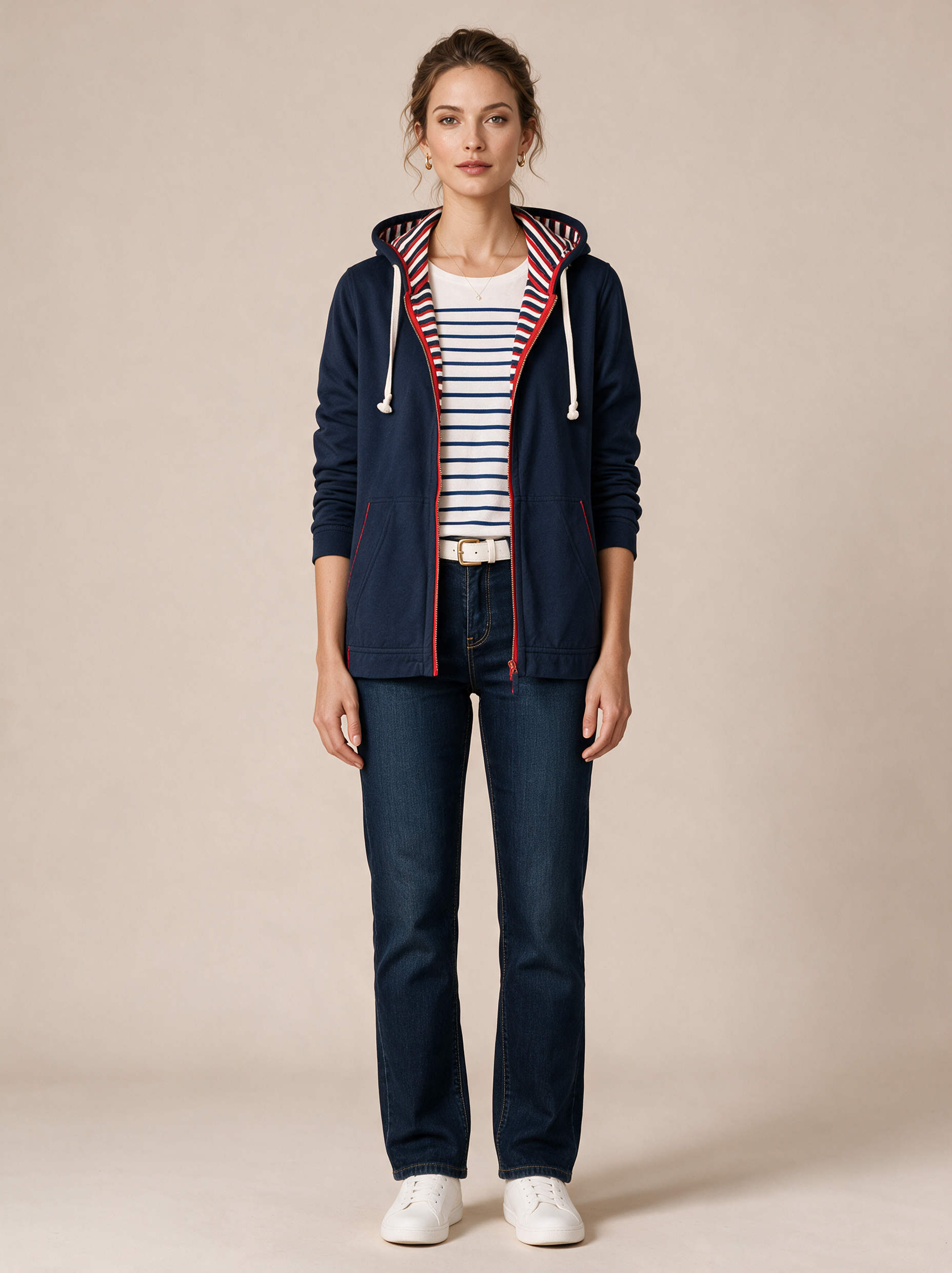 Navy Blue Hoodie With Red And White Stripes