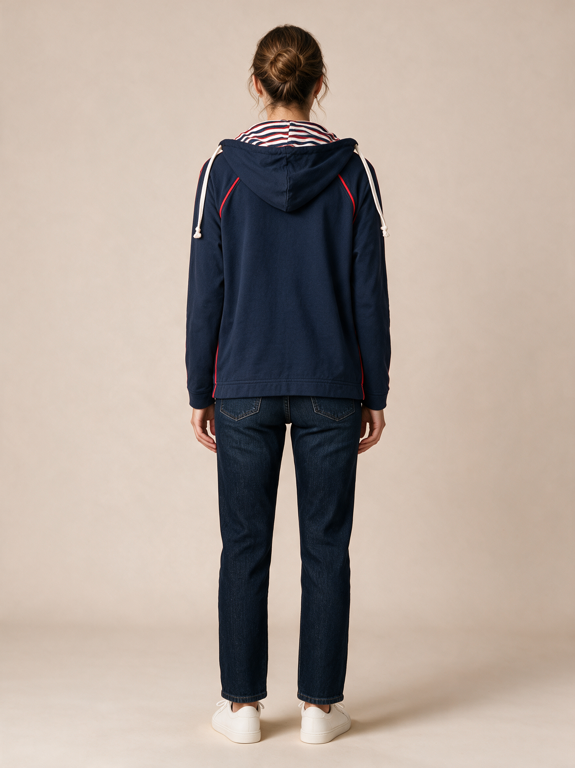 Navy Blue Hoodie With Red And White Stripes