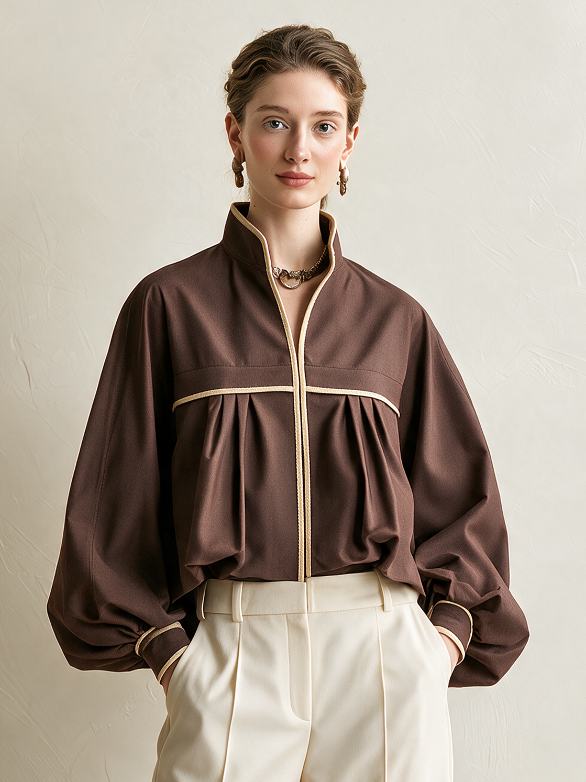 Elegant Brown Balloon-Hem Jacket With Ivory Piping