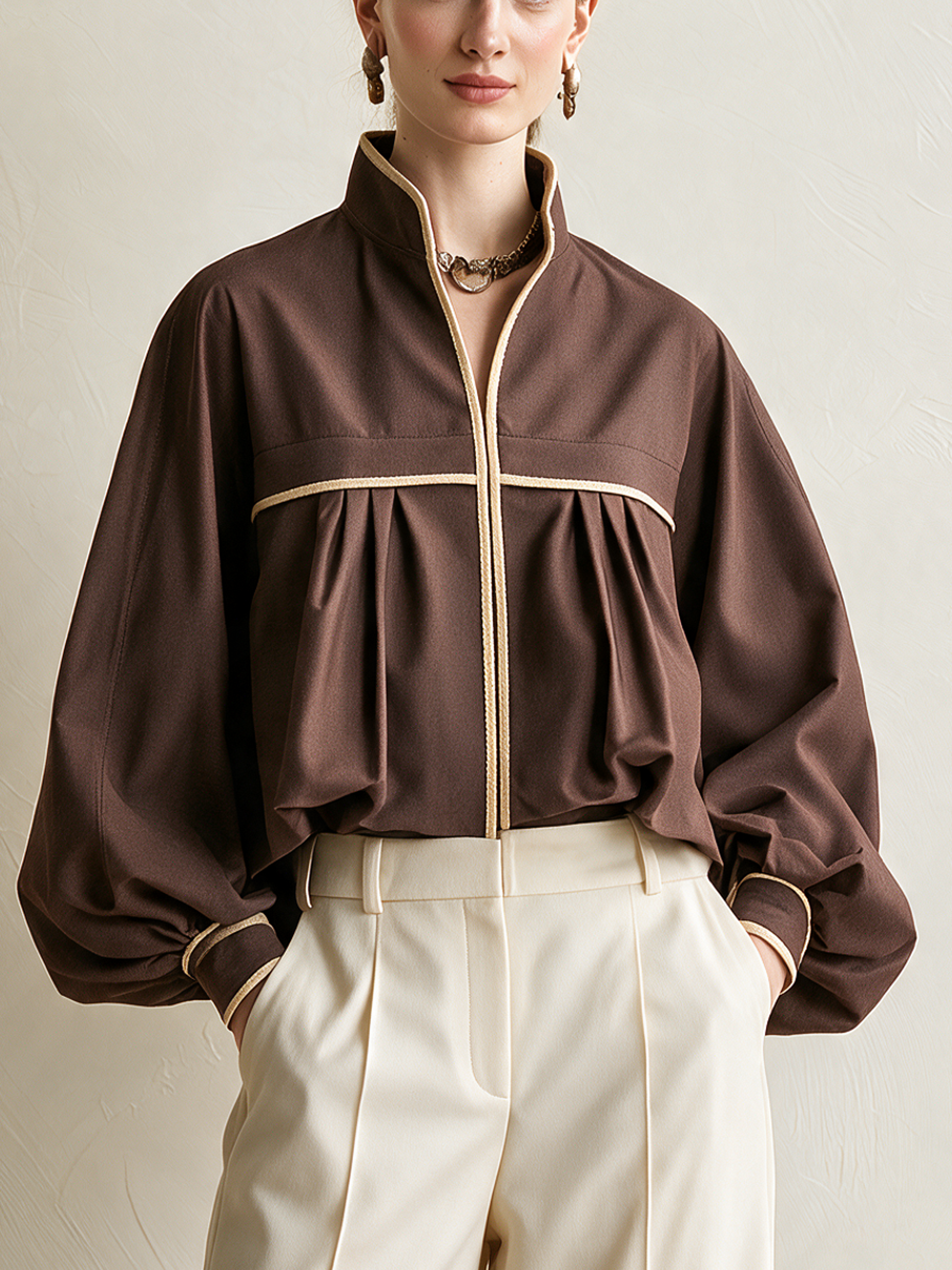 Elegant Brown Balloon-Hem Jacket With Ivory Piping