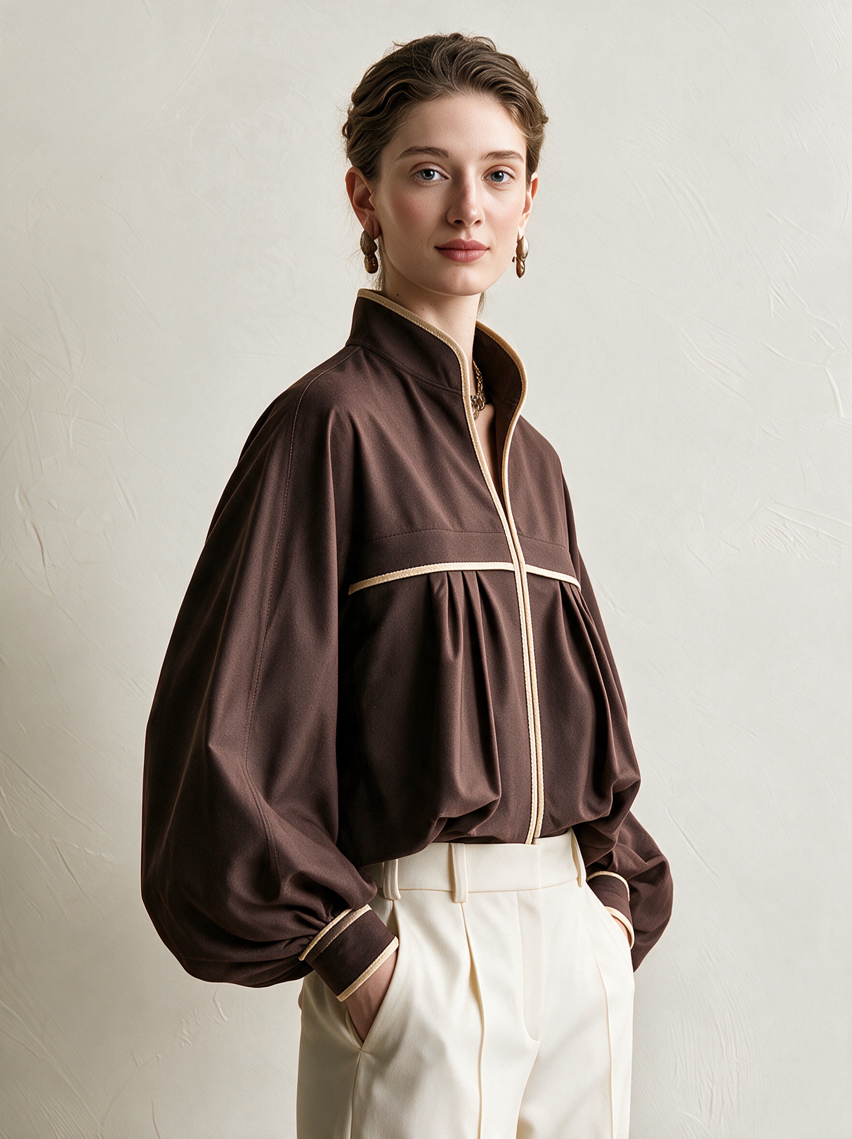 Elegant Brown Balloon-Hem Jacket With Ivory Piping