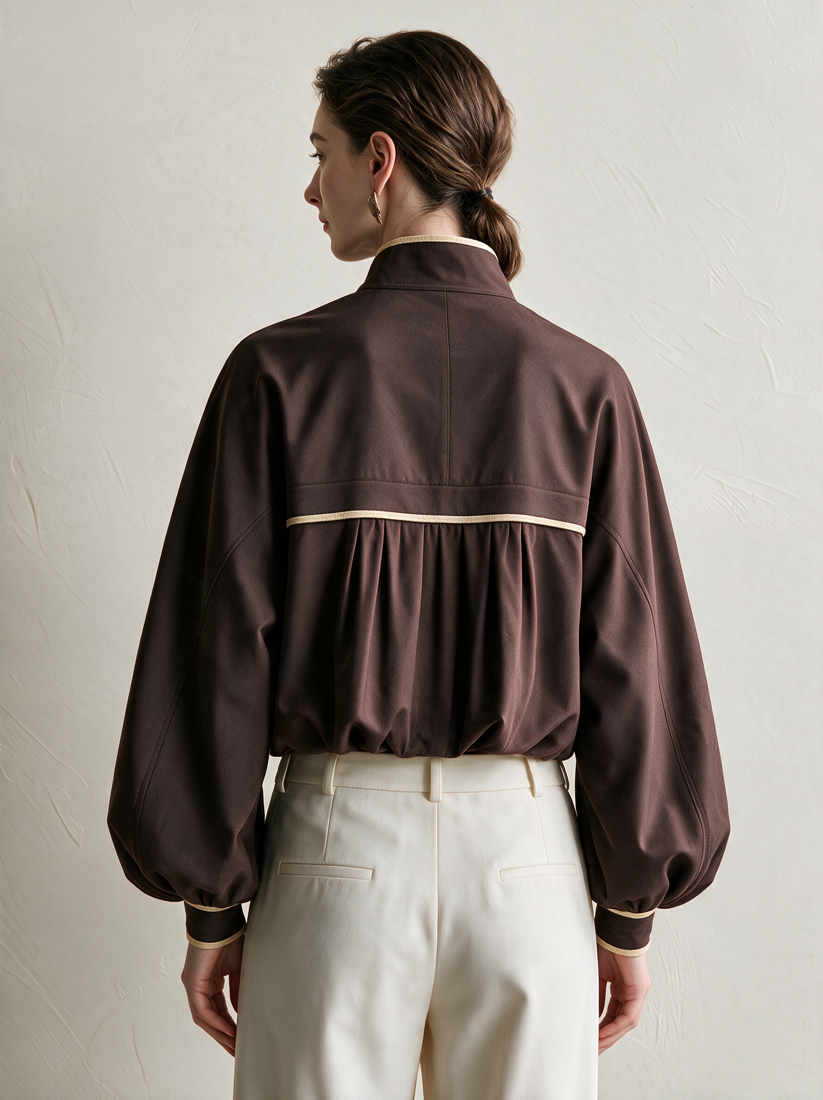 Elegant Brown Balloon-Hem Jacket With Ivory Piping