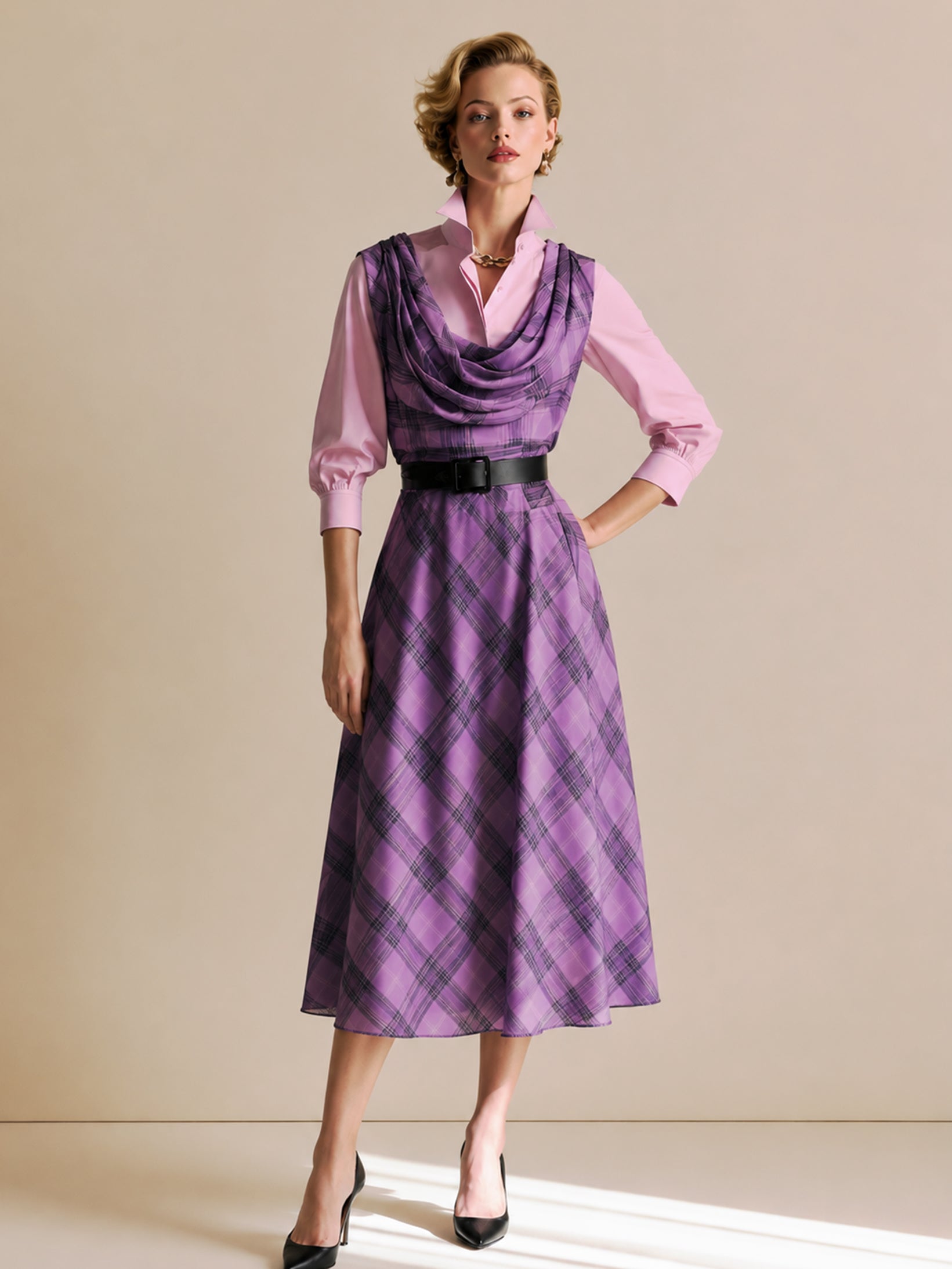 Purple Plaid Draped Cowl Neck Belted Midi Dress With Shirt Layer