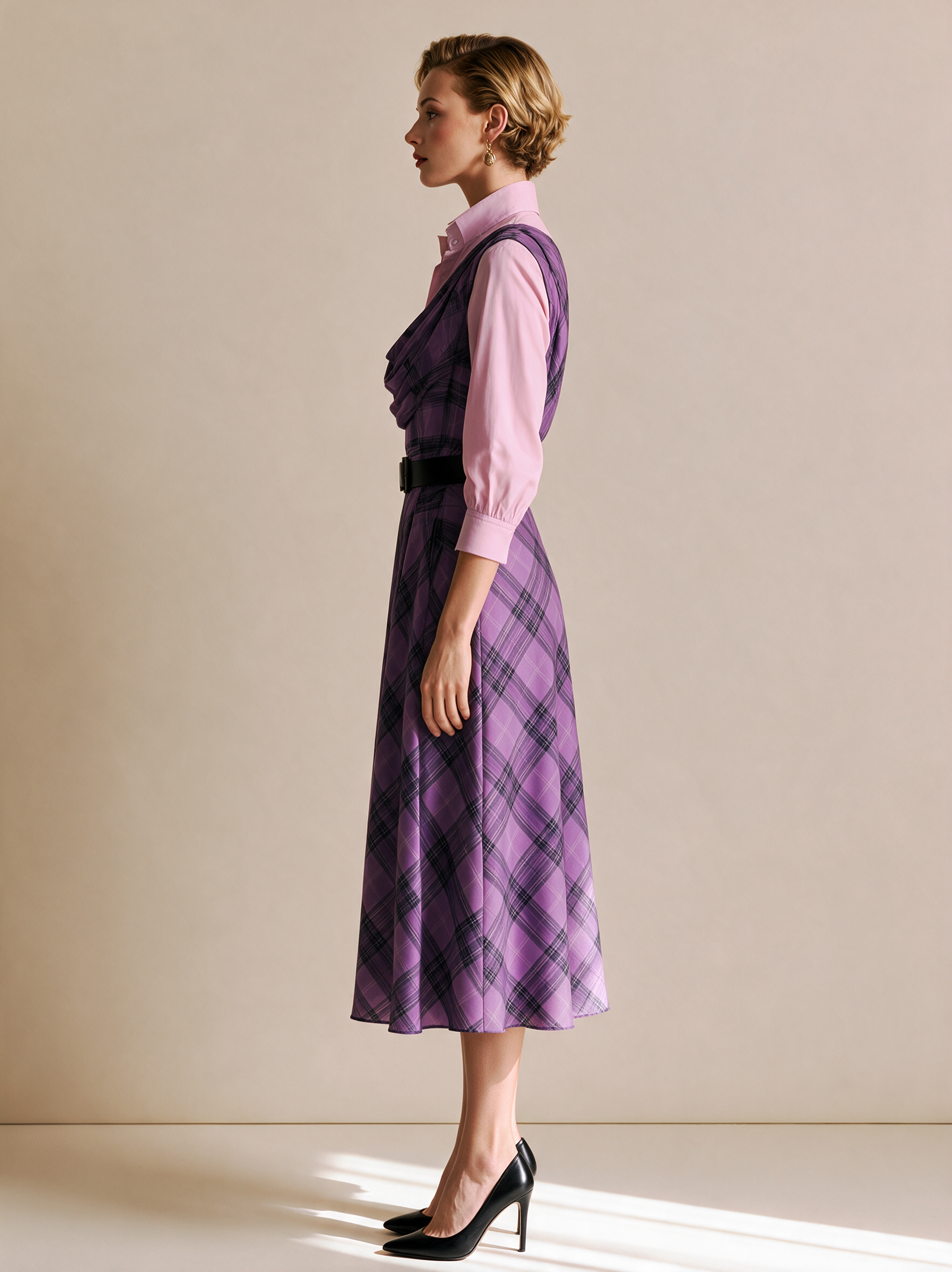 Purple Plaid Draped Cowl Neck Belted Midi Dress With Shirt Layer