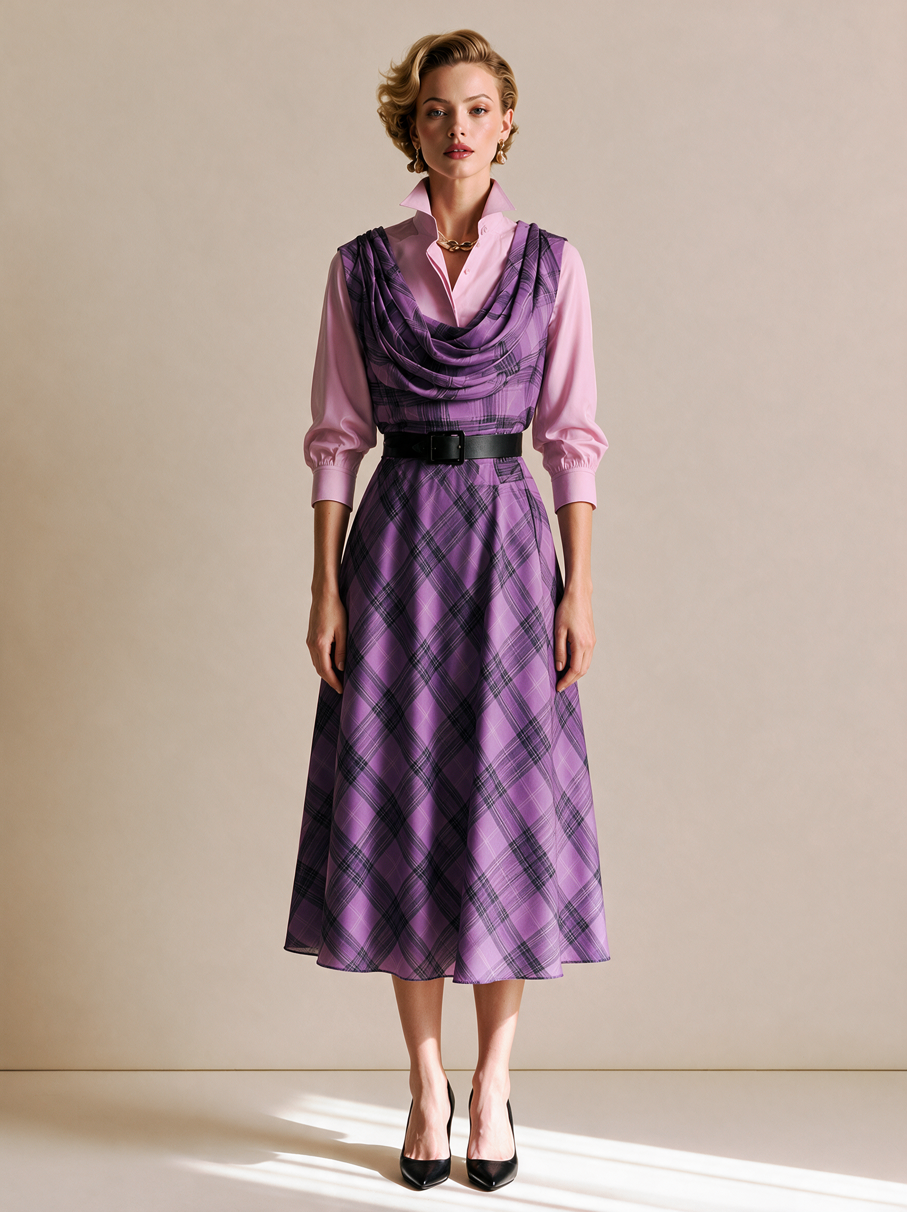Purple Plaid Draped Cowl Neck Belted Midi Dress With Shirt Layer