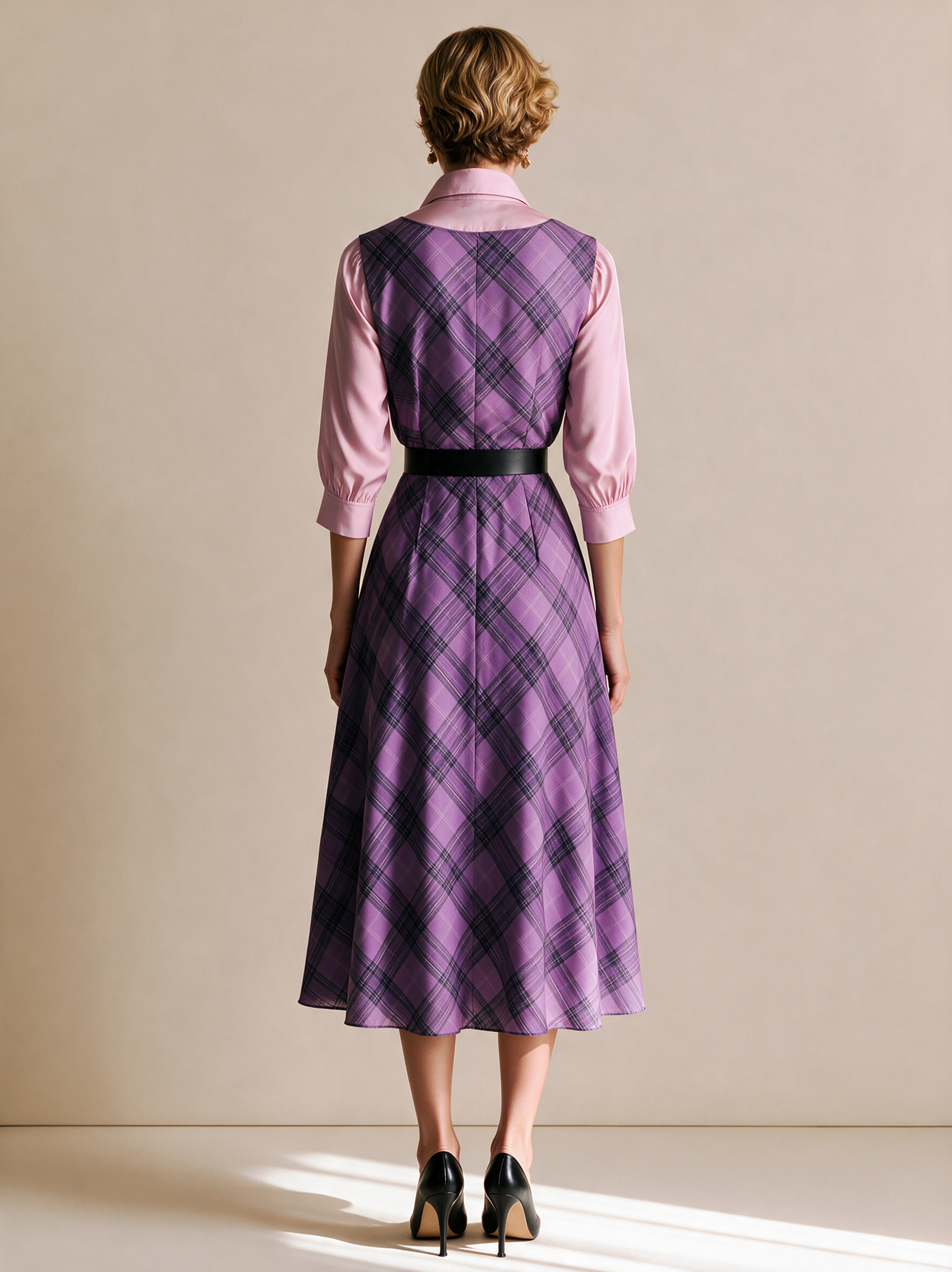 Purple Plaid Draped Cowl Neck Belted Midi Dress With Shirt Layer