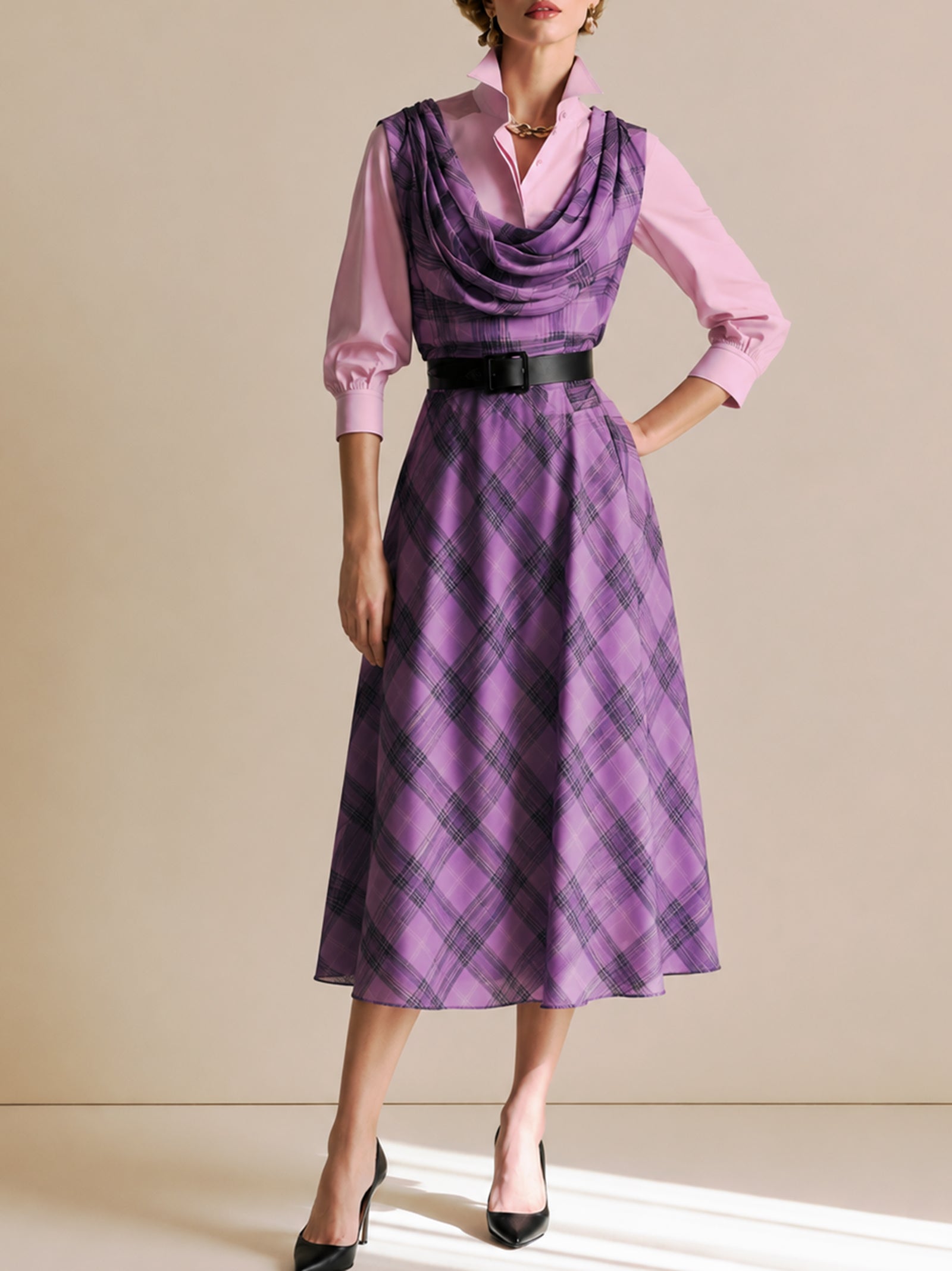 Purple Plaid Draped Cowl Neck Belted Midi Dress With Shirt Layer