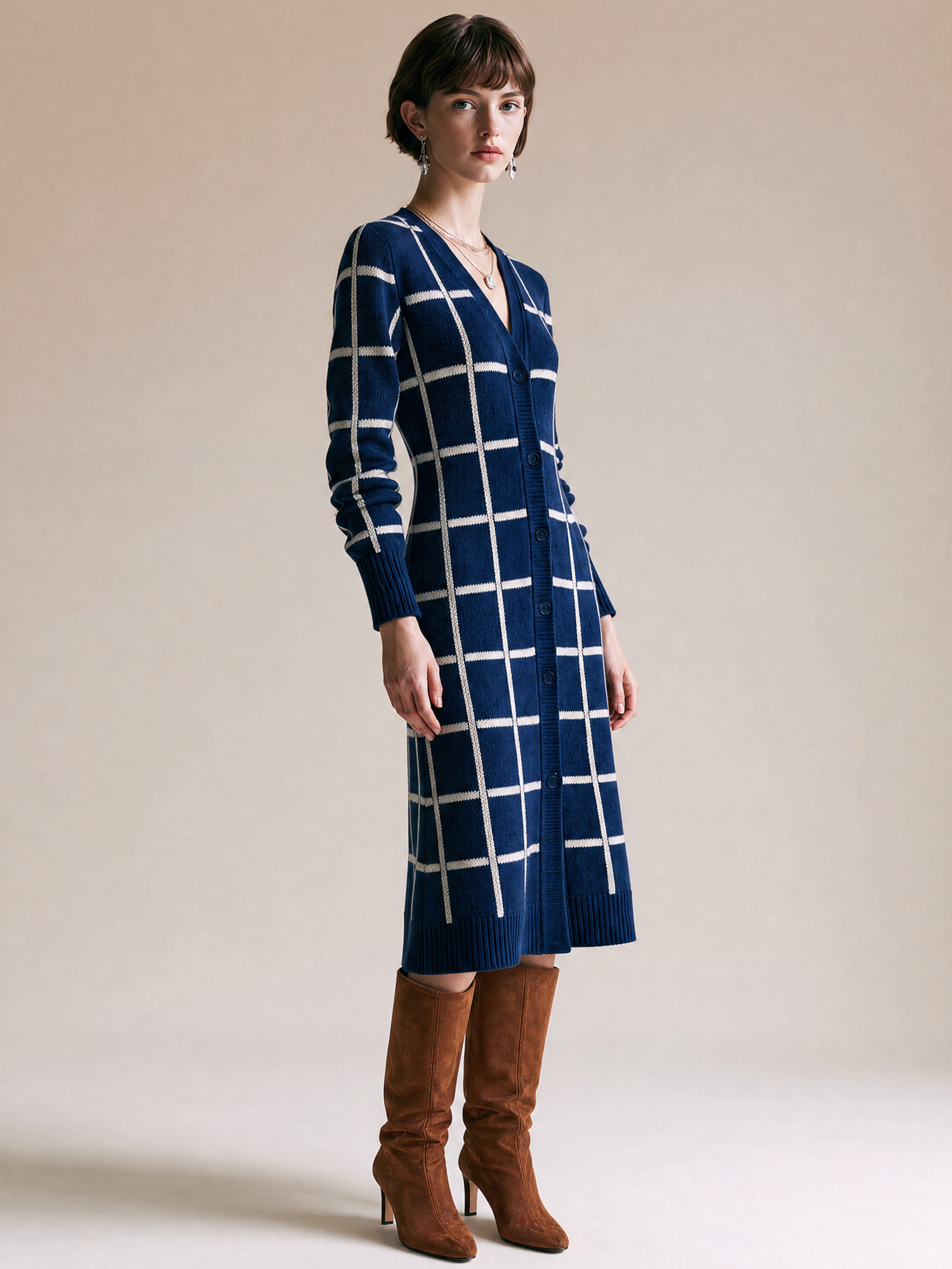 Elegant Navy Windowpane Knit Midi Dress With Ivory Contrast