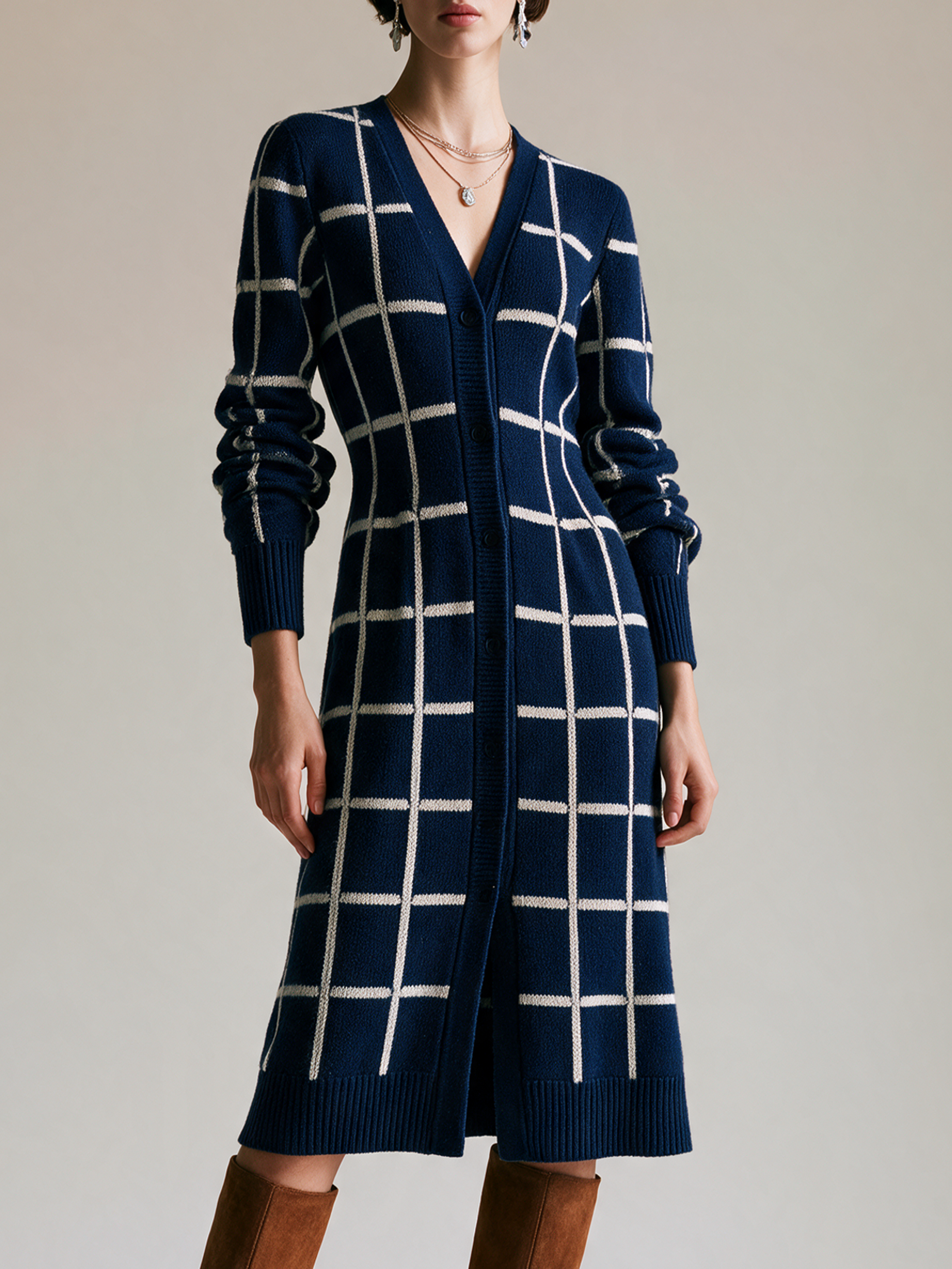 Elegant Navy Windowpane Knit Midi Dress With Ivory Contrast
