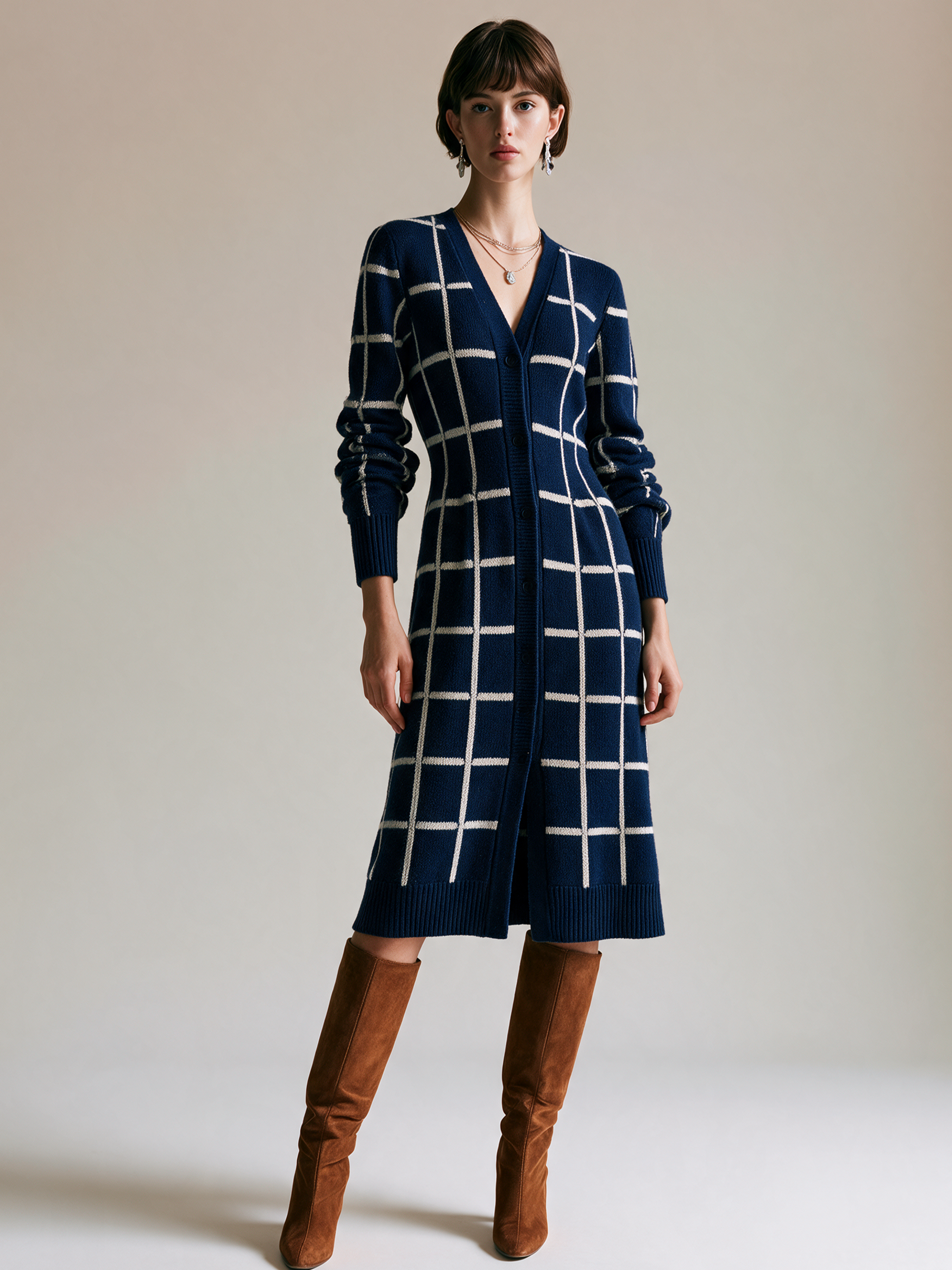 Elegant Navy Windowpane Knit Midi Dress With Ivory Contrast