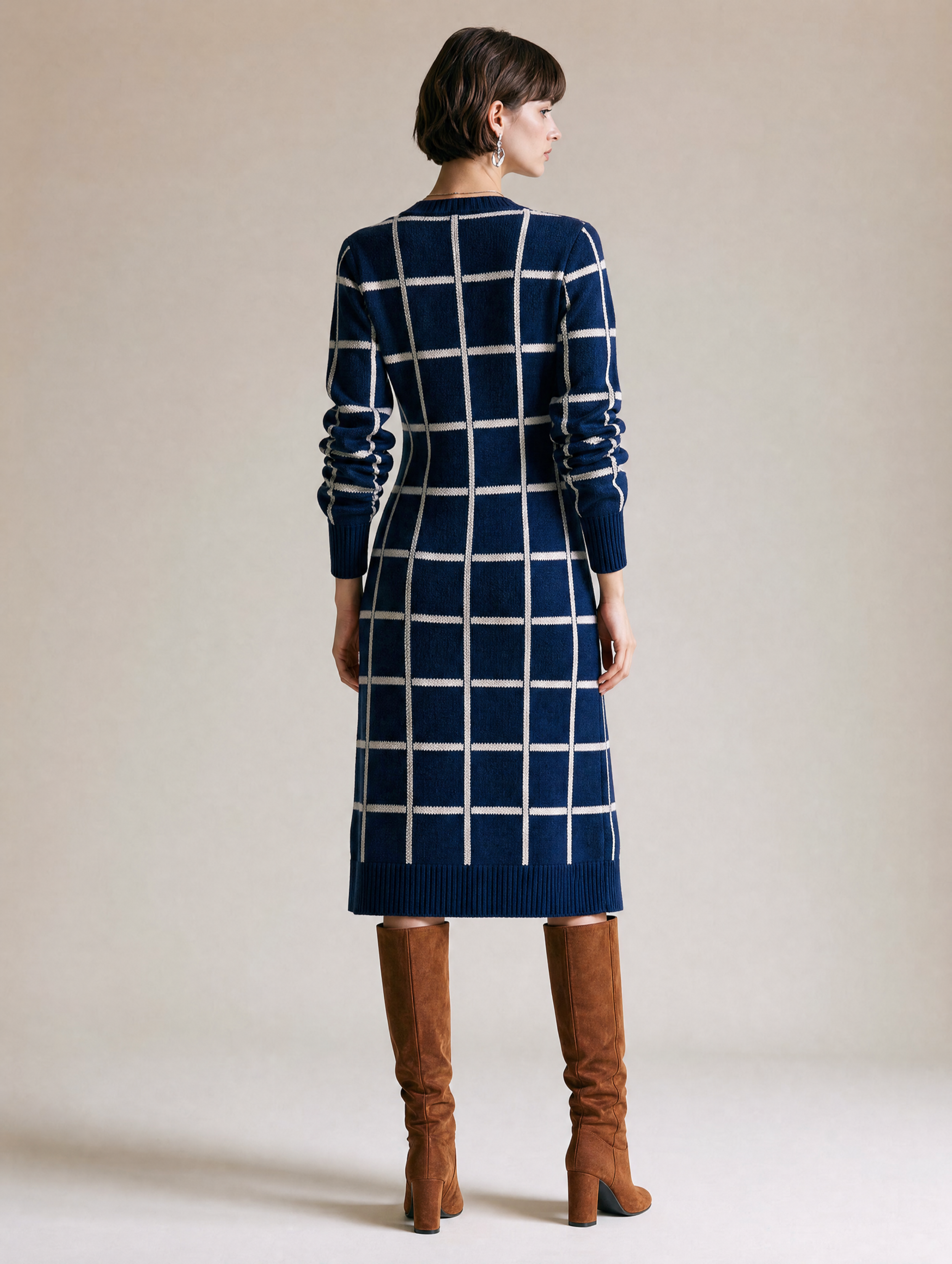 Elegant Navy Windowpane Knit Midi Dress With Ivory Contrast