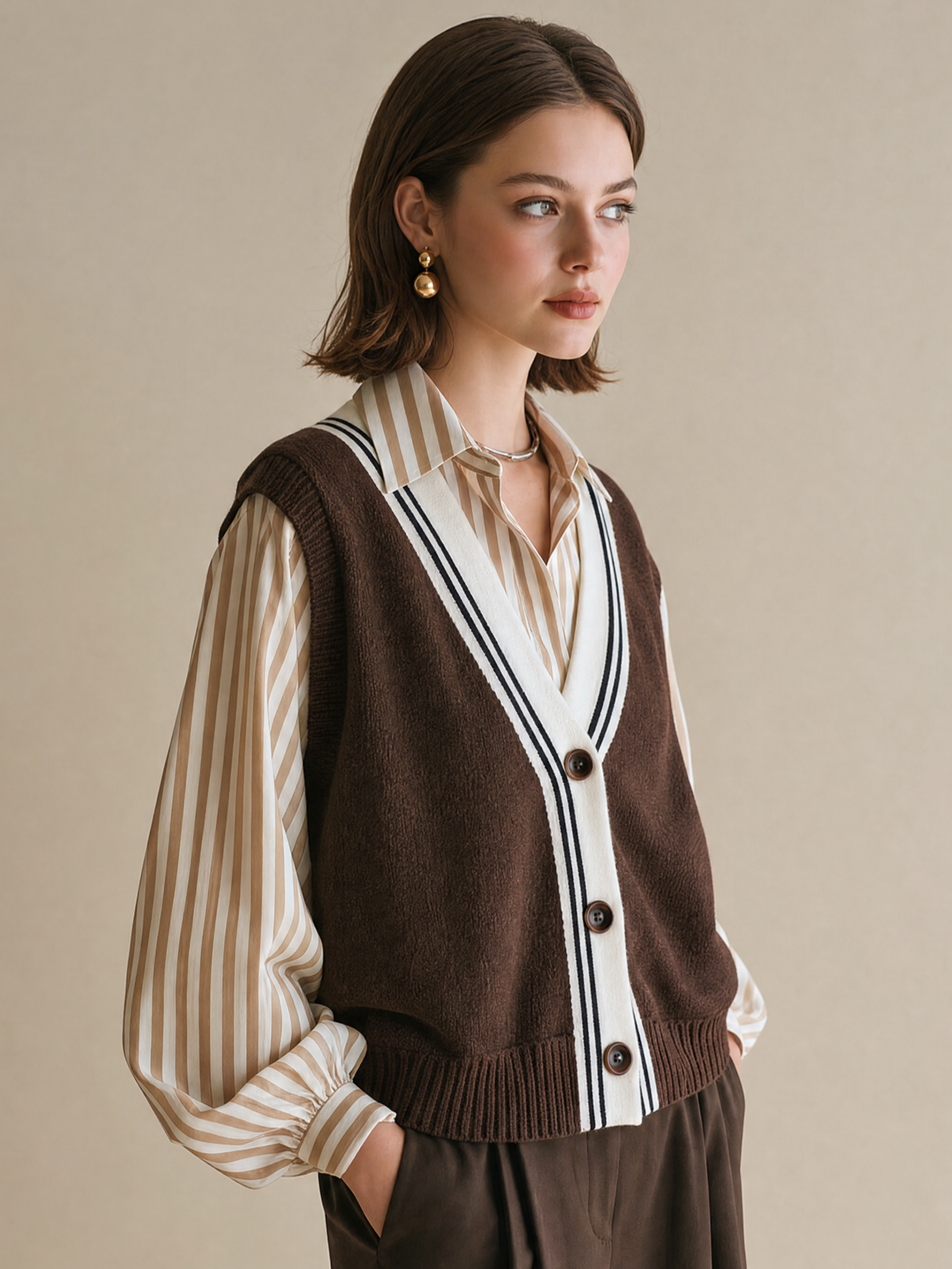 Elegant Brown & Ivory Contrast V-Neck Knit Button Vest