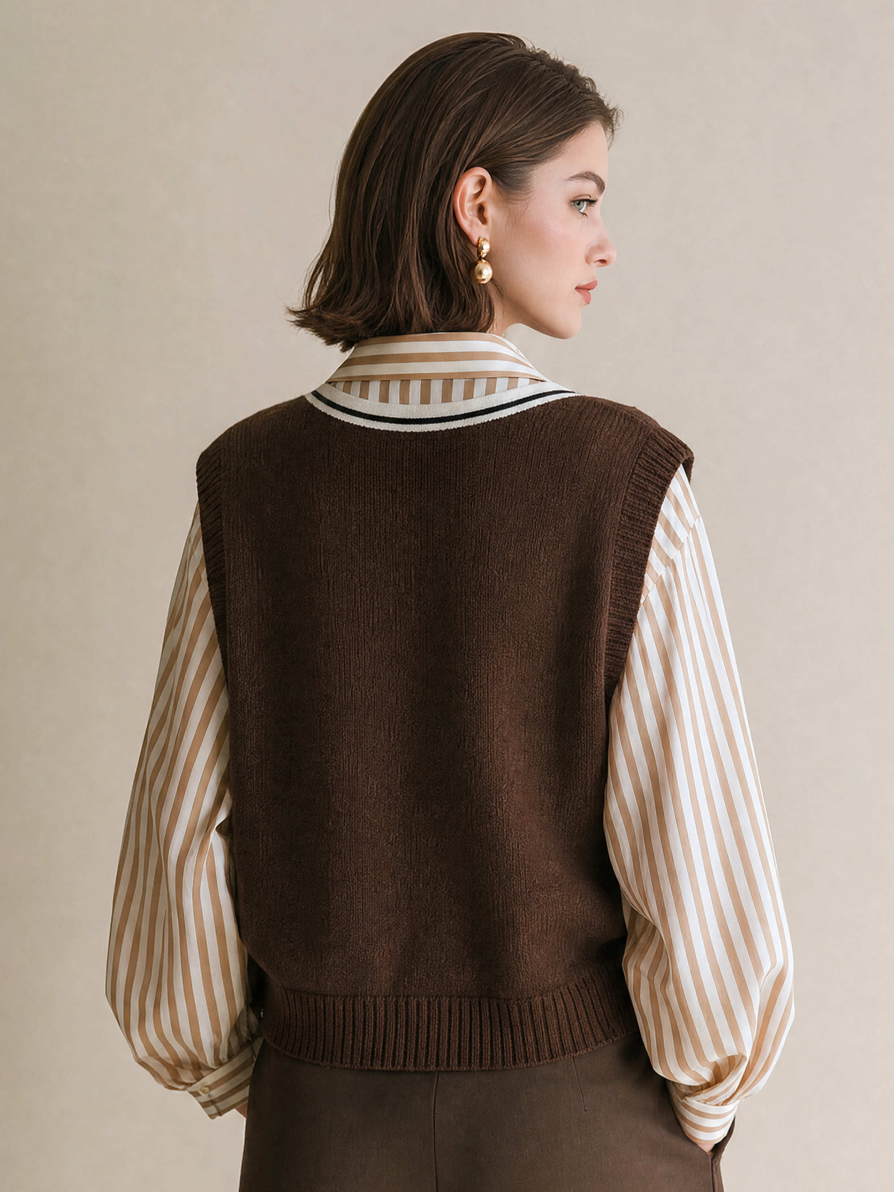 Elegant Brown & Ivory Contrast V-Neck Knit Button Vest