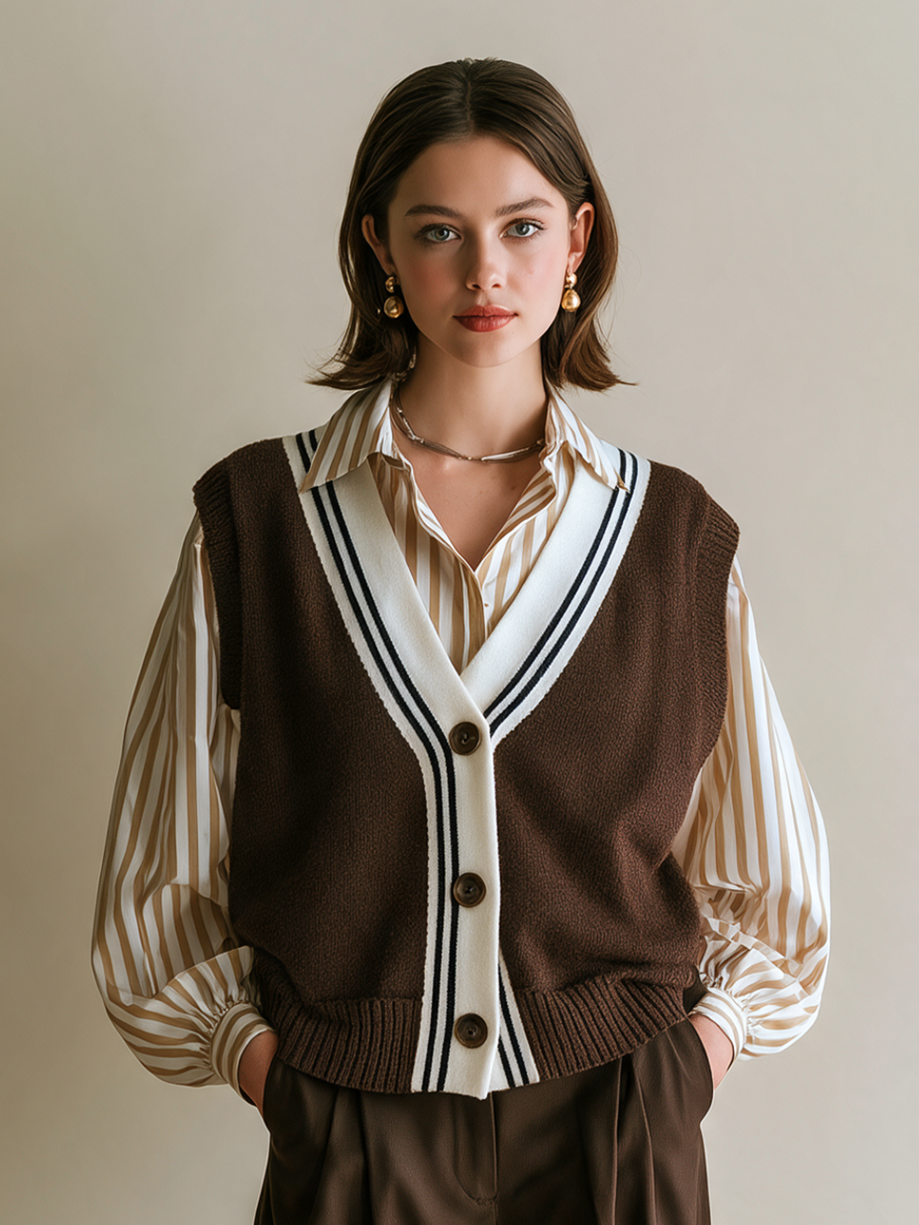 Elegant Brown & Ivory Contrast V-Neck Knit Button Vest