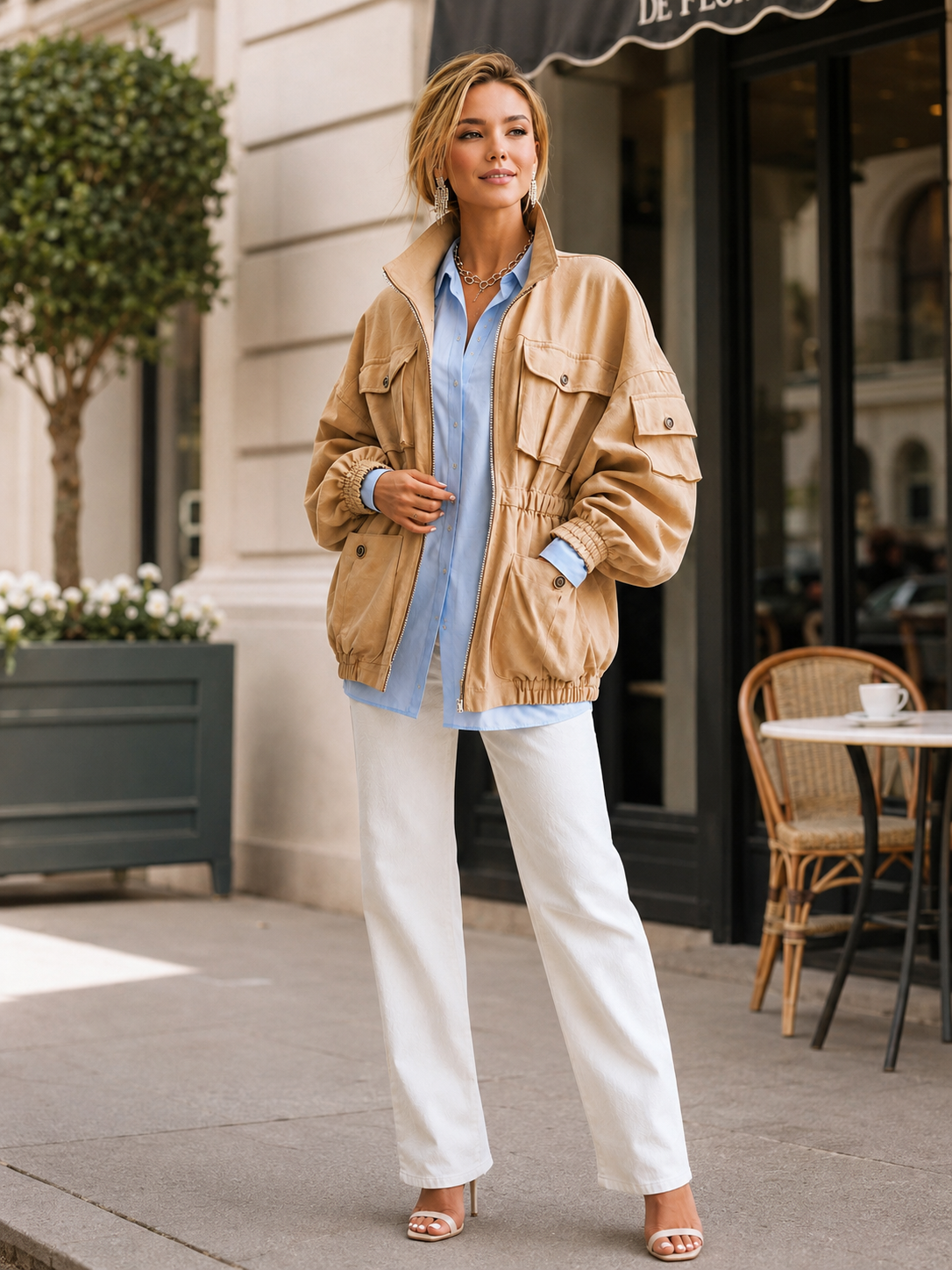 Elegant Brown Multi-pocket Jacket With A Stand-up Collar