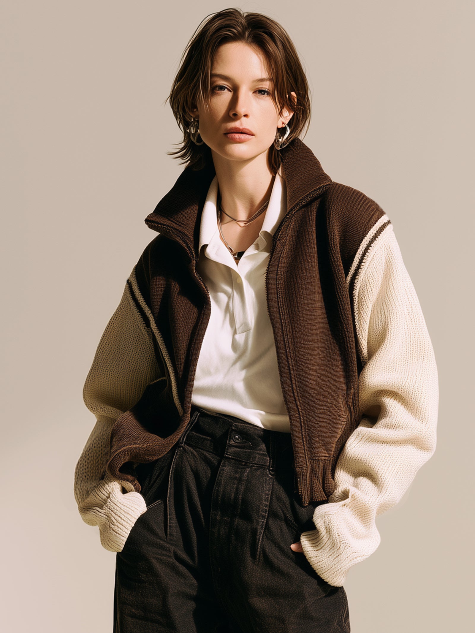 Brown Colorblock Zip-Up Knit Jacket With Contrast Ivory Sleeves