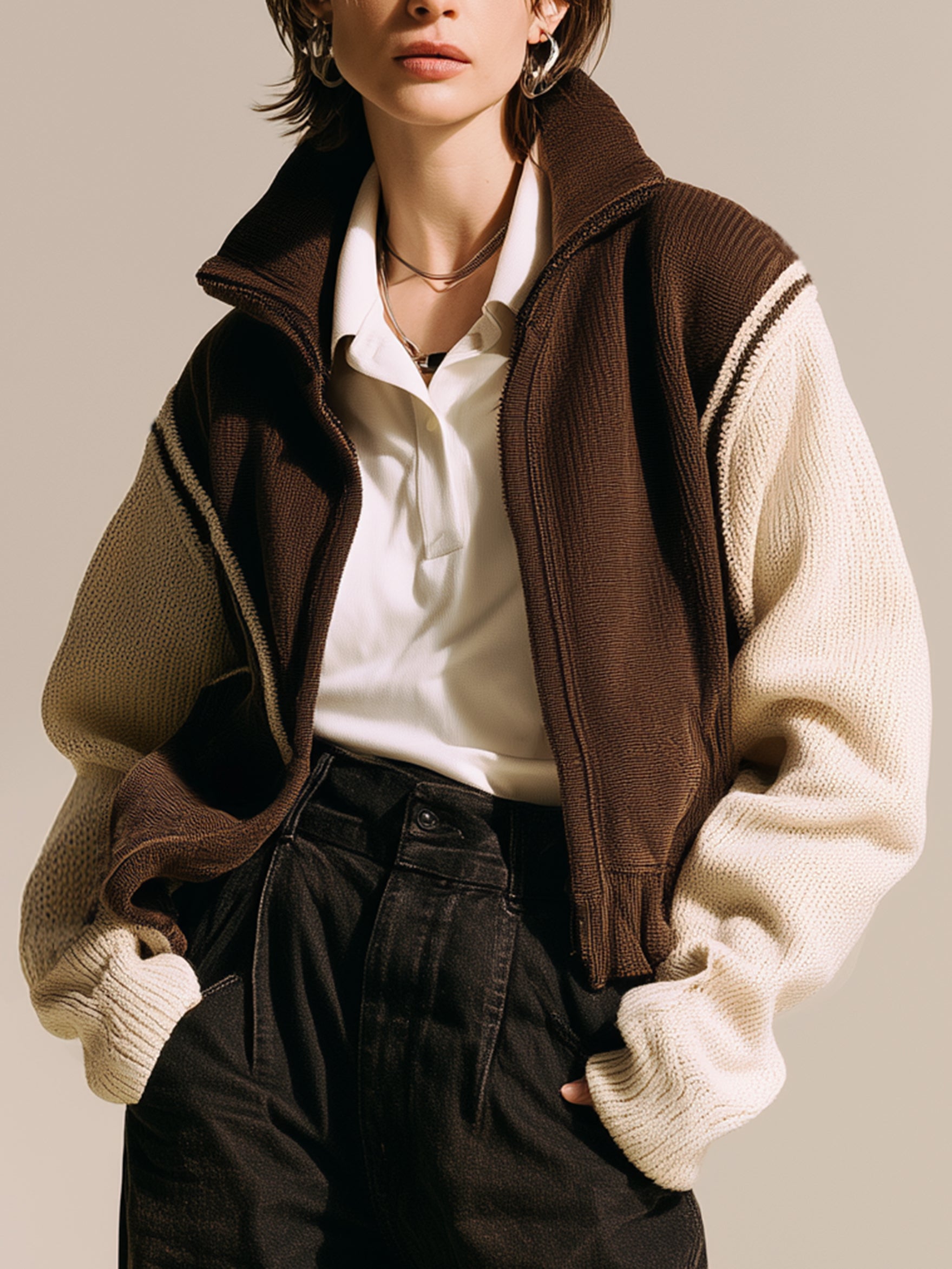 Brown Colorblock Zip-Up Knit Jacket With Contrast Ivory Sleeves