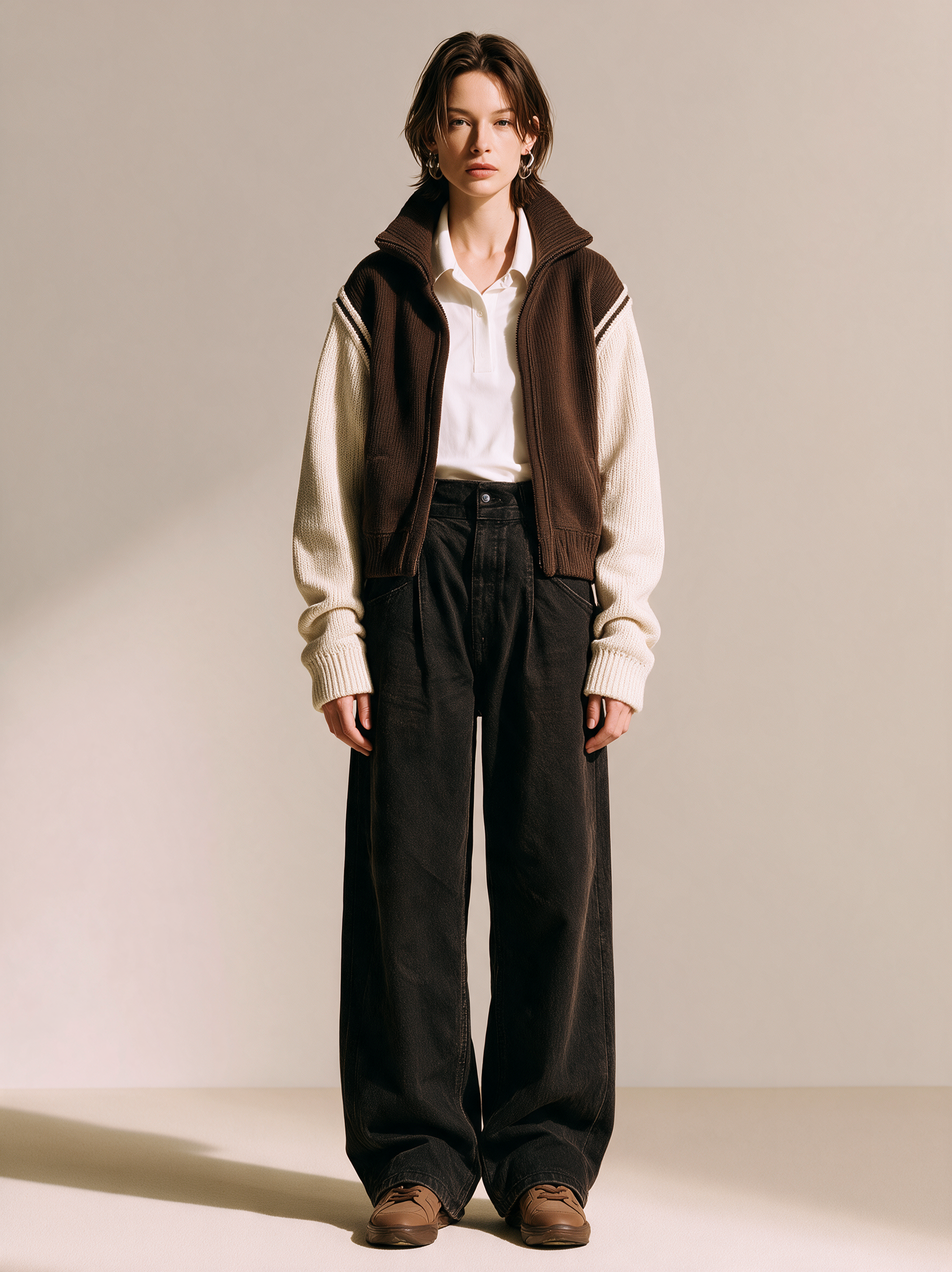 Brown Colorblock Zip-Up Knit Jacket With Contrast Ivory Sleeves