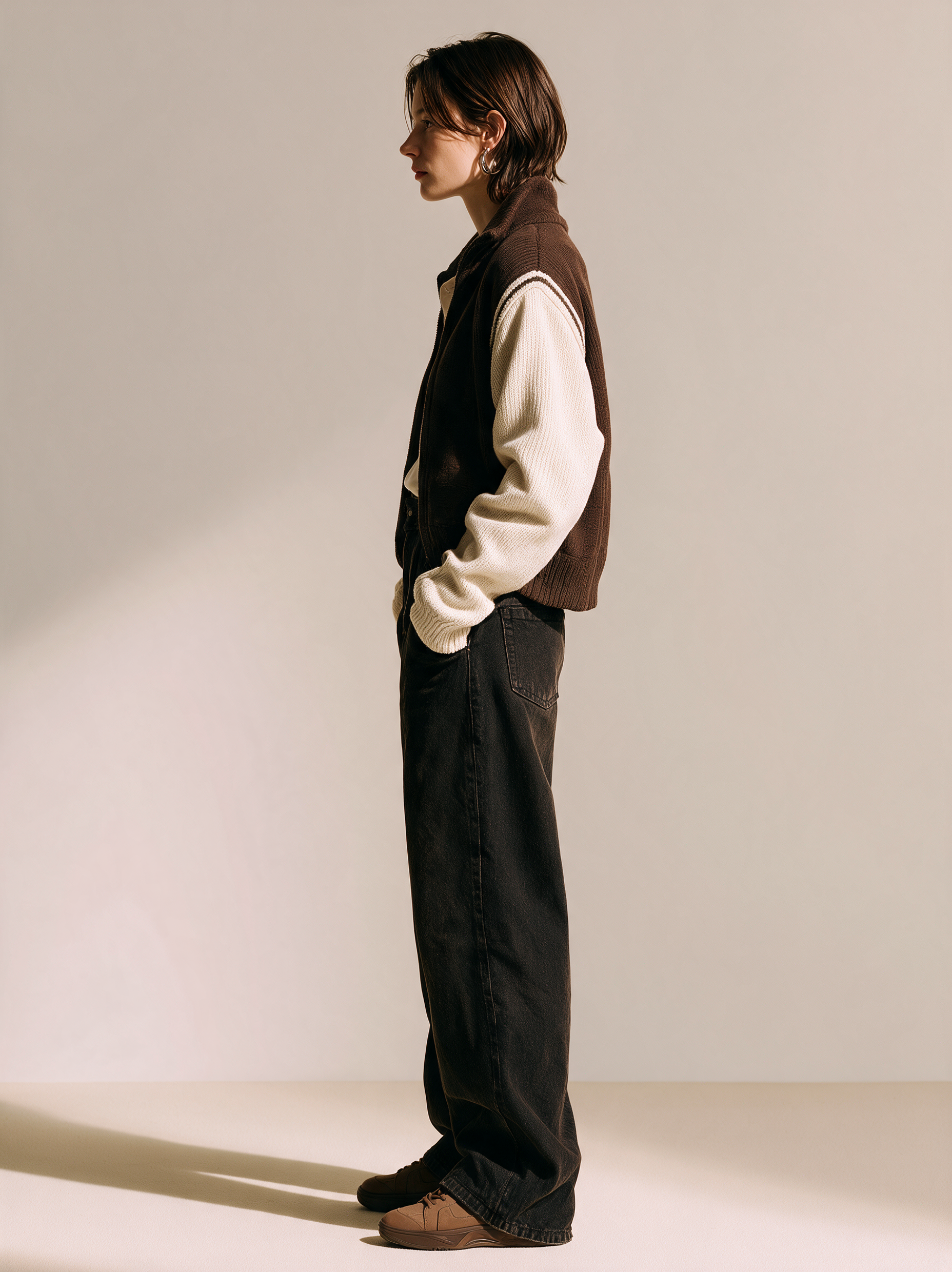 Brown Colorblock Zip-Up Knit Jacket With Contrast Ivory Sleeves