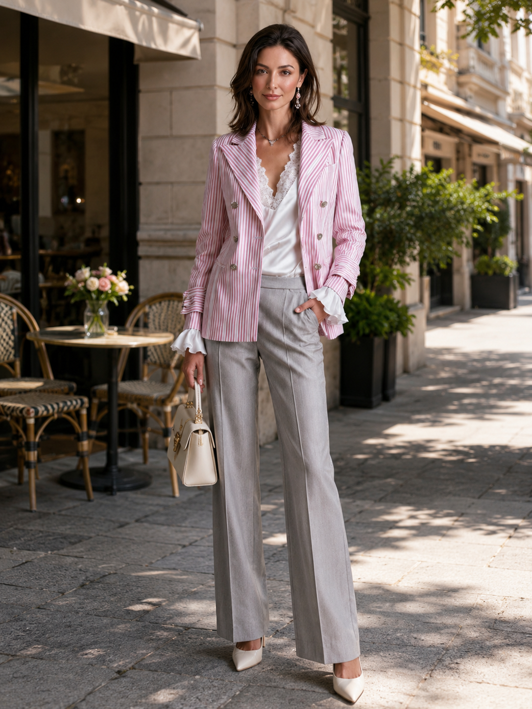 Elegant Pink And White Striped Blazer