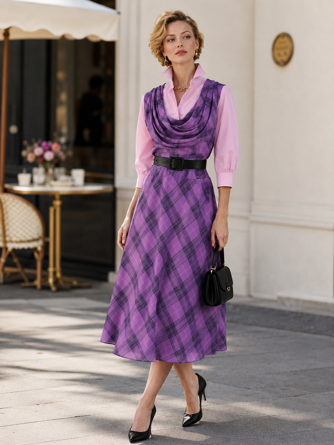 Purple Plaid Draped Cowl Neck Belted Midi Dress With Shirt Layer