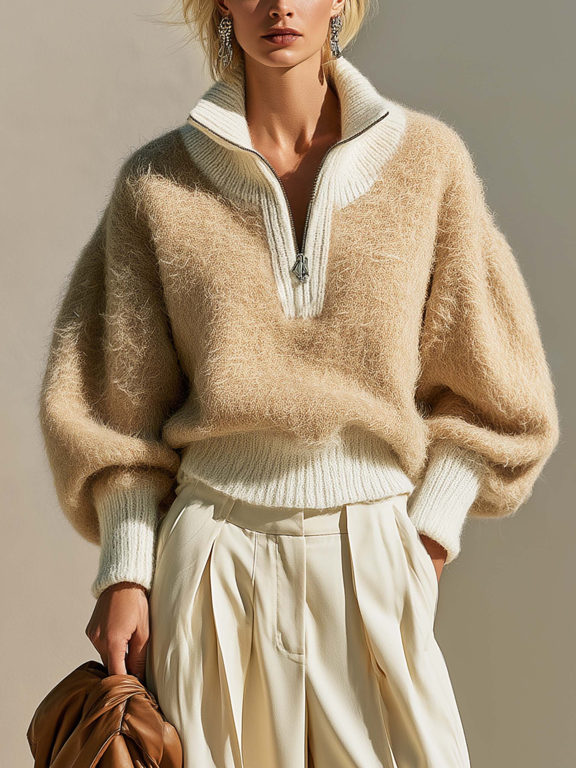 Elegant Relaxed Half‑Zip Knit Pullover Sweater