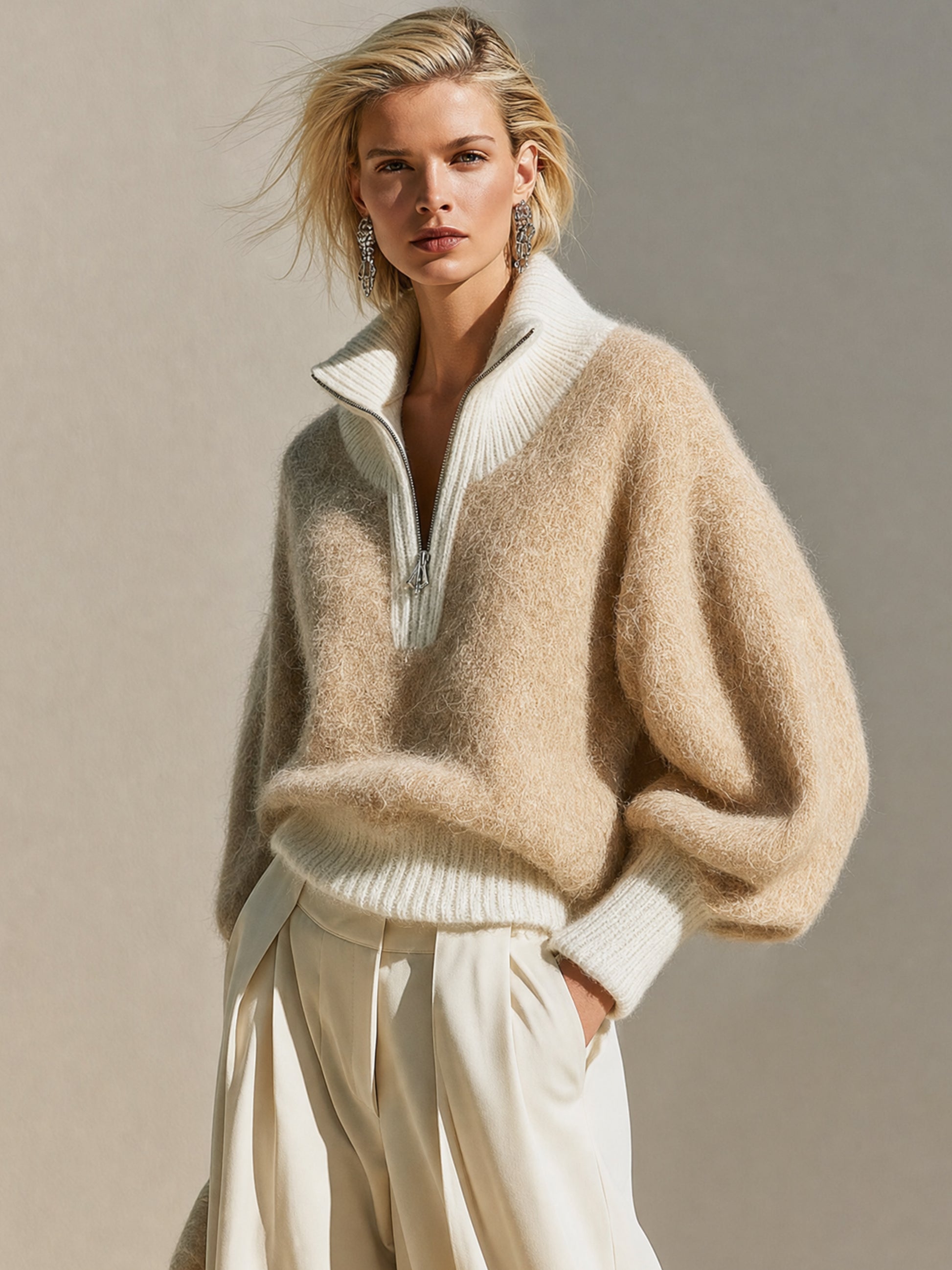 Elegant Relaxed Half‑Zip Knit Pullover Sweater