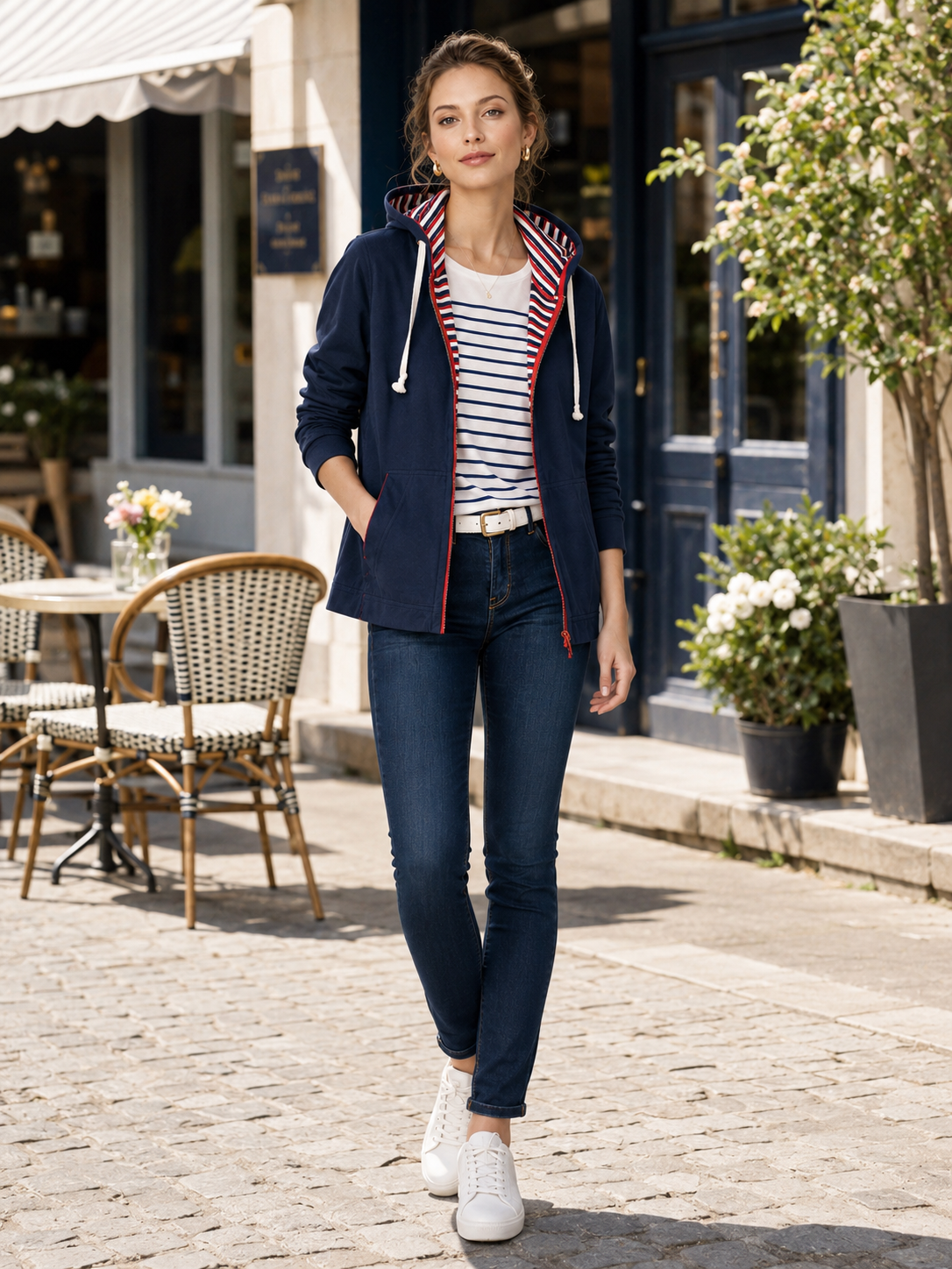 Navy Blue Hoodie With Red And White Stripes