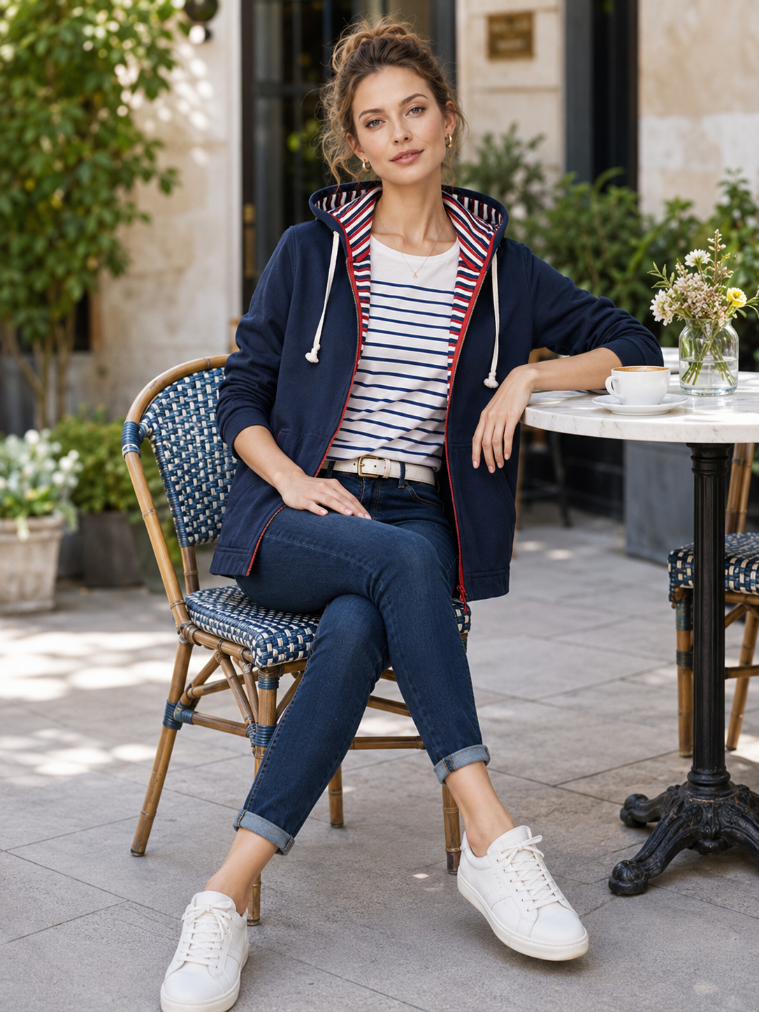 Navy Blue Hoodie With Red And White Stripes