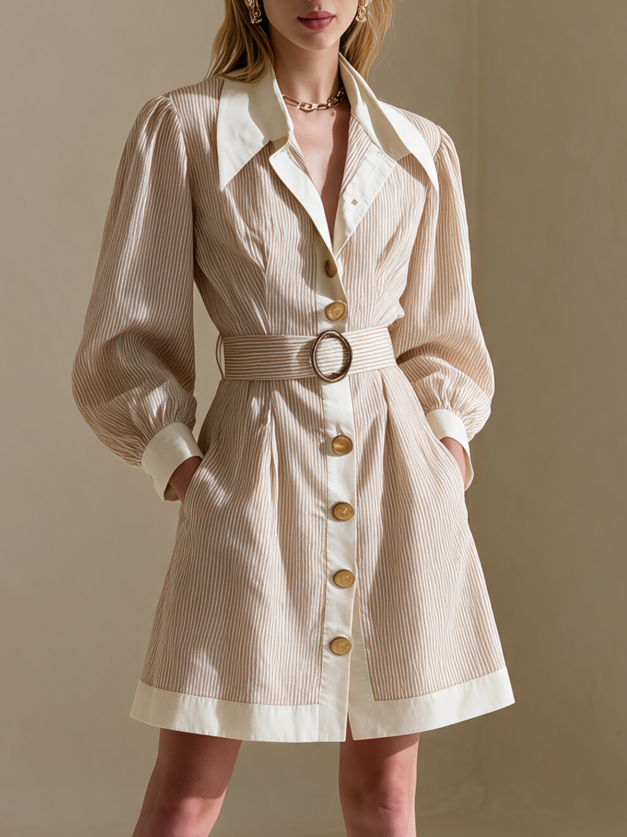 Elegant Ivory & Reddish Brown Striped Belted Shirt Dress