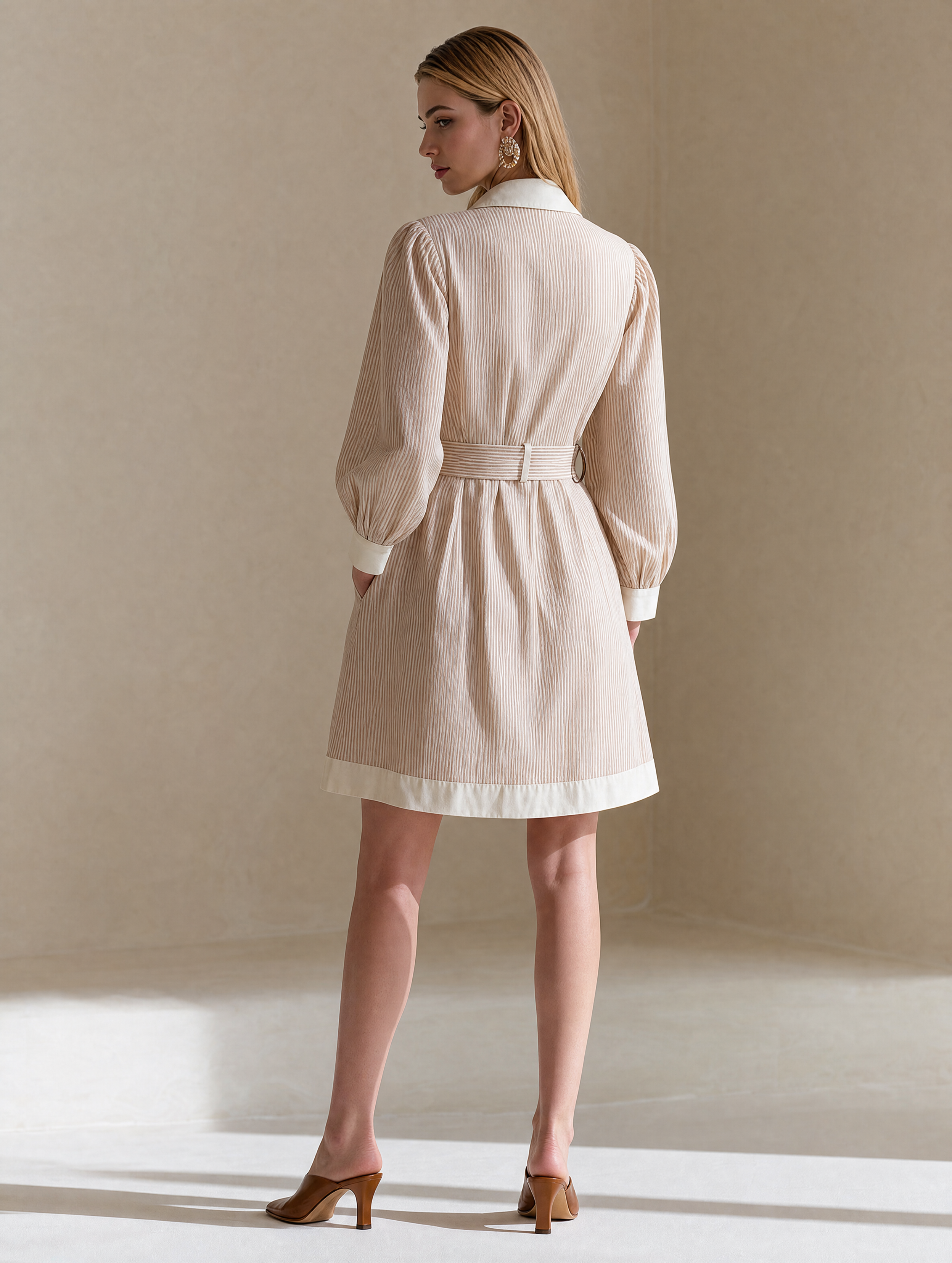 Elegant Ivory & Reddish Brown Striped Belted Shirt Dress