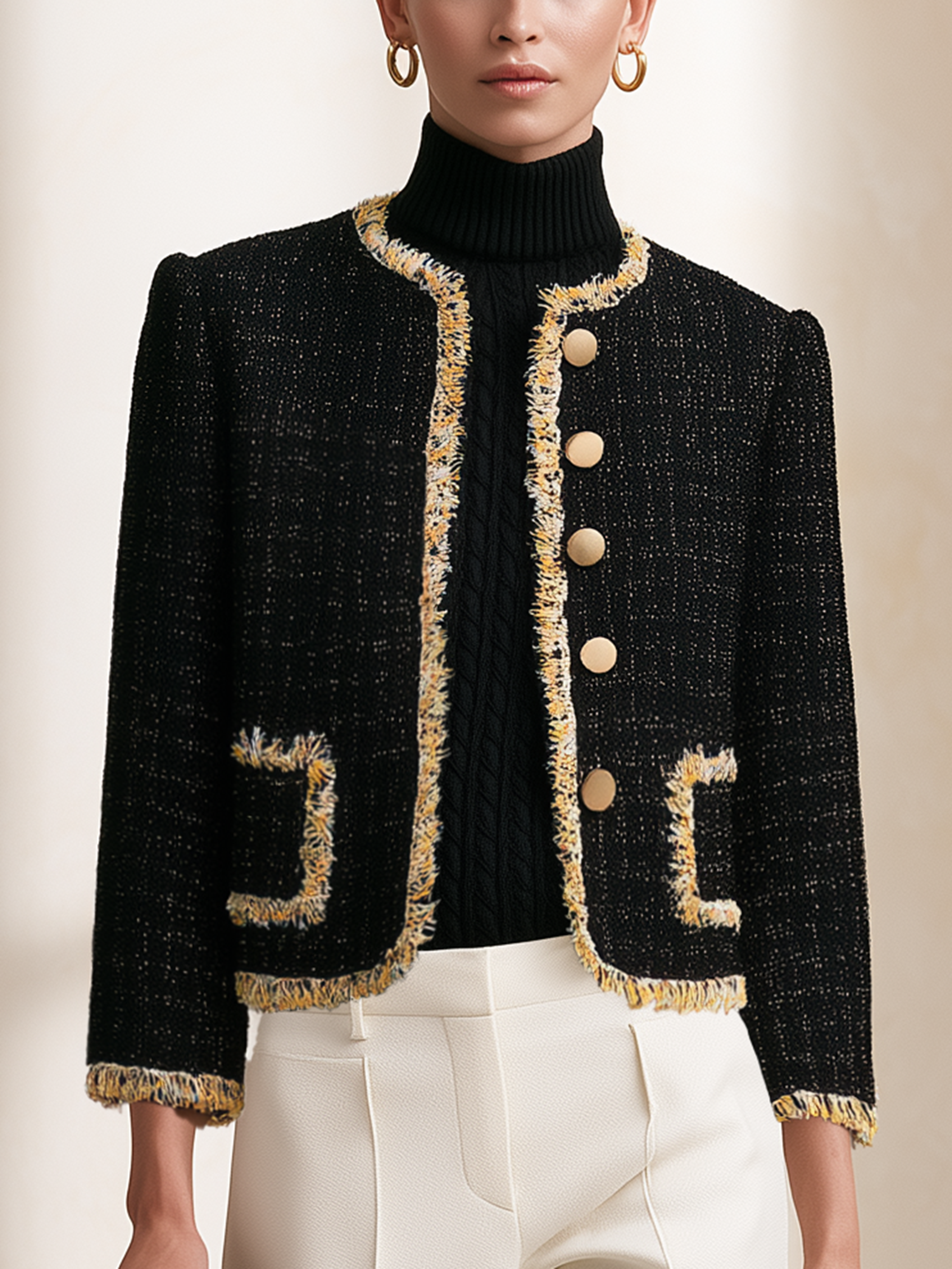 Black‑Gold Fringe Trim Round‑Neck Tweed Short Jacket