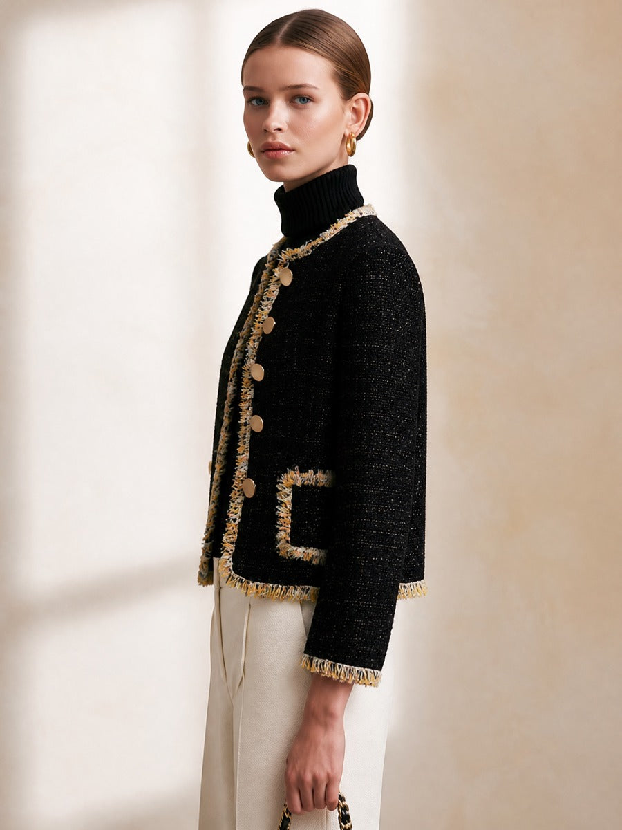 Black‑Gold Fringe Trim Round‑Neck Tweed Short Jacket