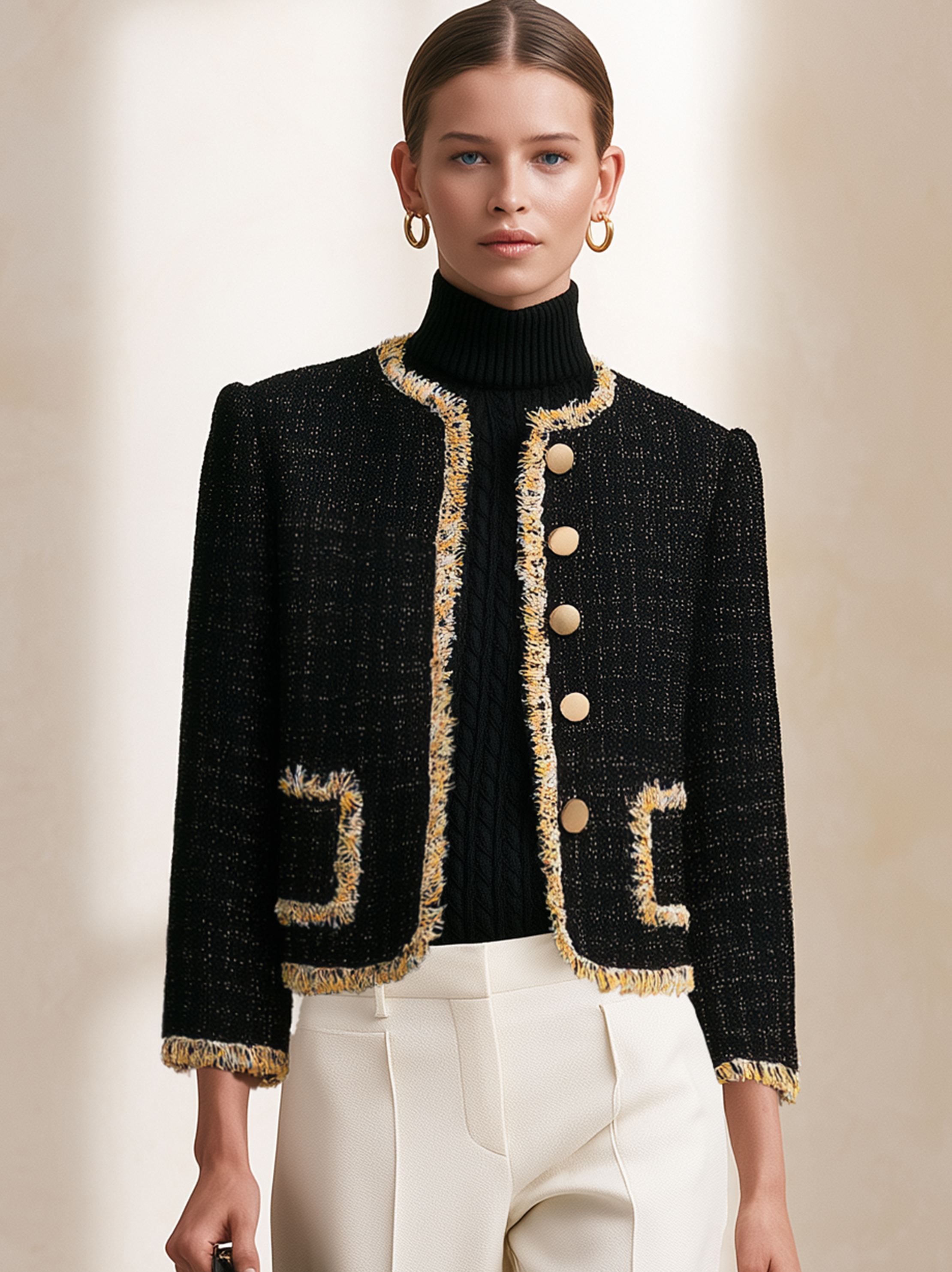 Black‑Gold Fringe Trim Round‑Neck Tweed Short Jacket