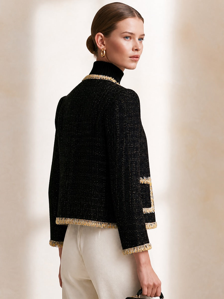 Black‑Gold Fringe Trim Round‑Neck Tweed Short Jacket