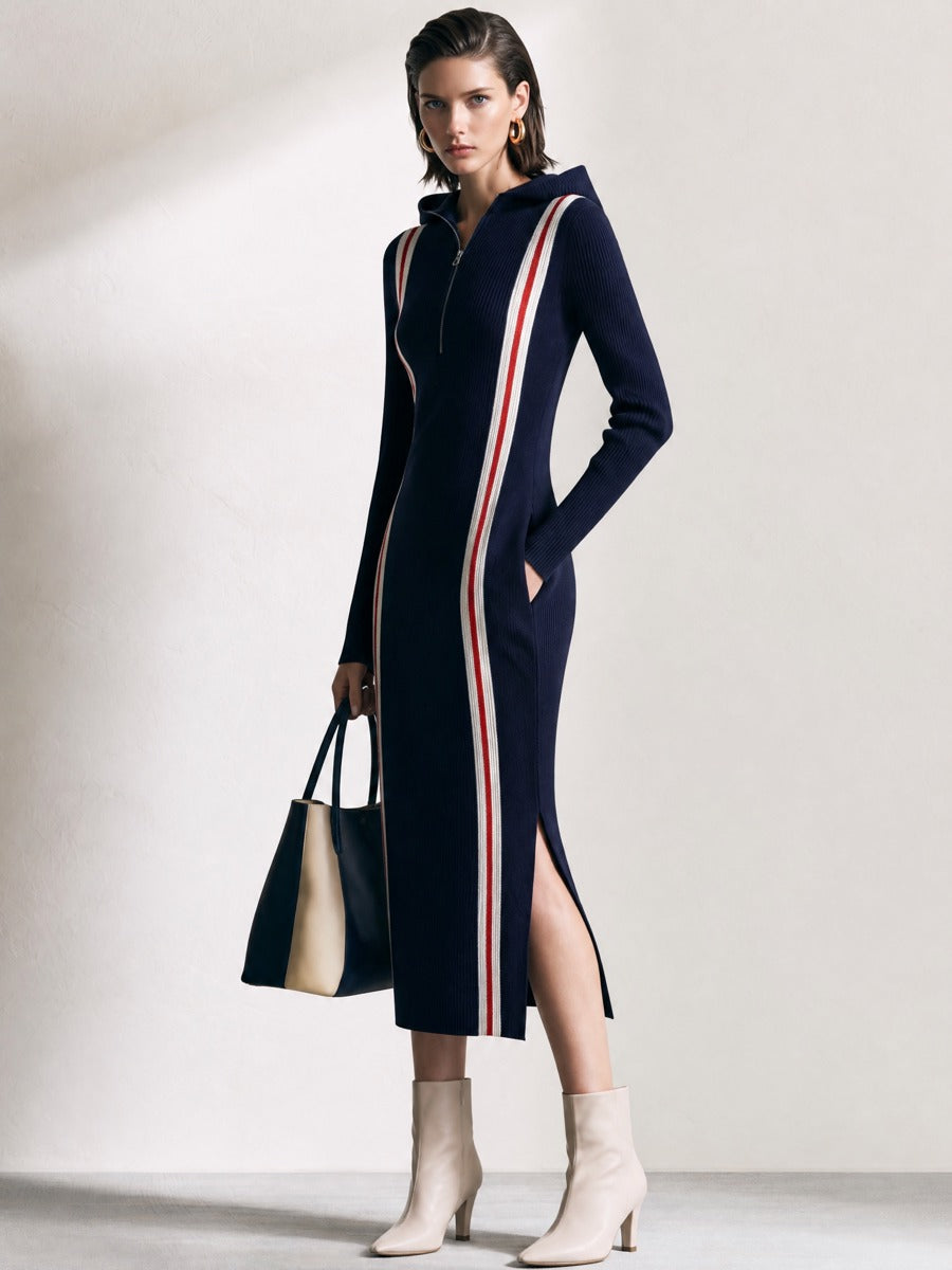 Navy Striped Hooded Half‑Zip Knit Midi Dress