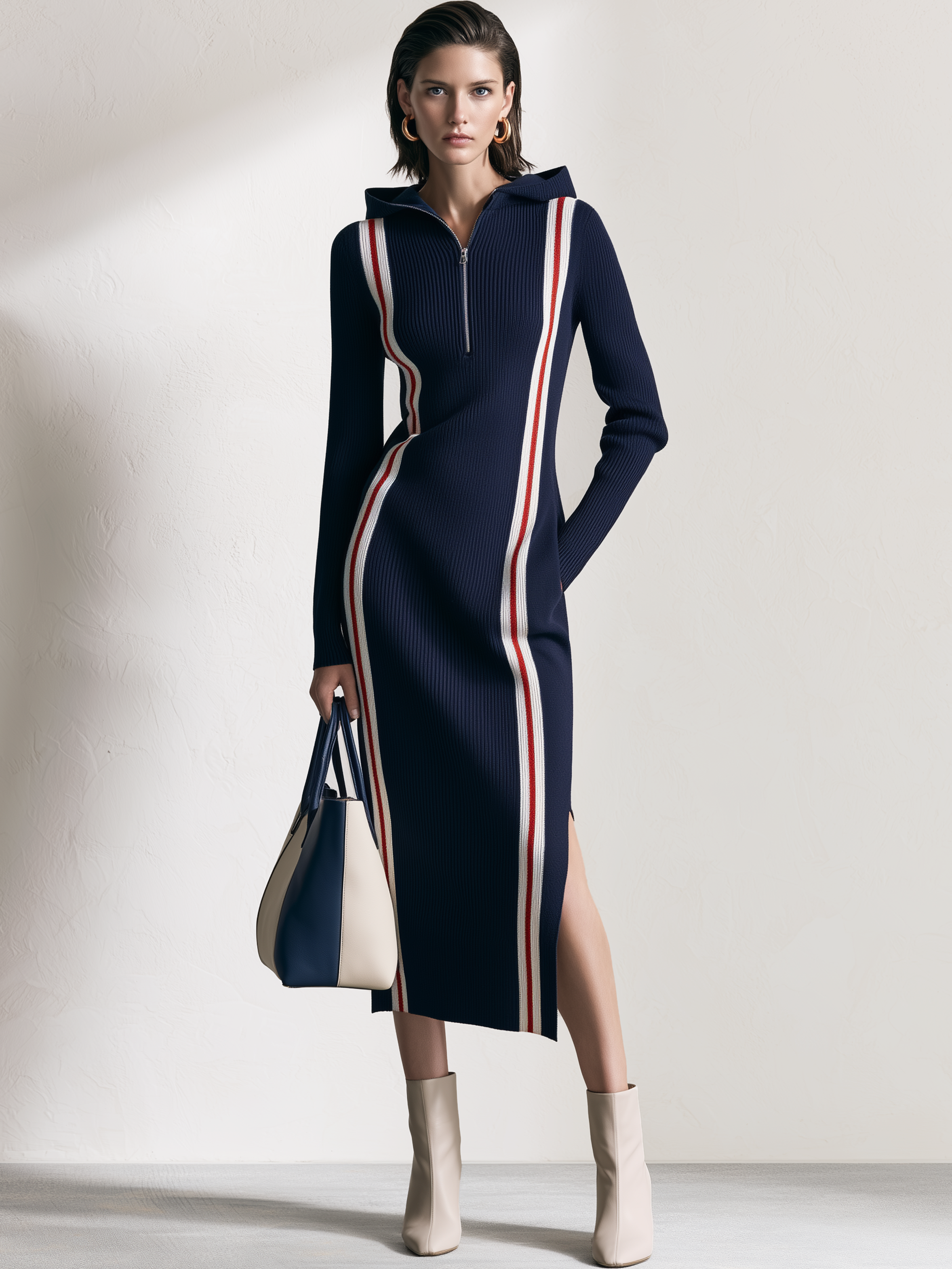 Navy Striped Hooded Half‑Zip Knit Midi Dress