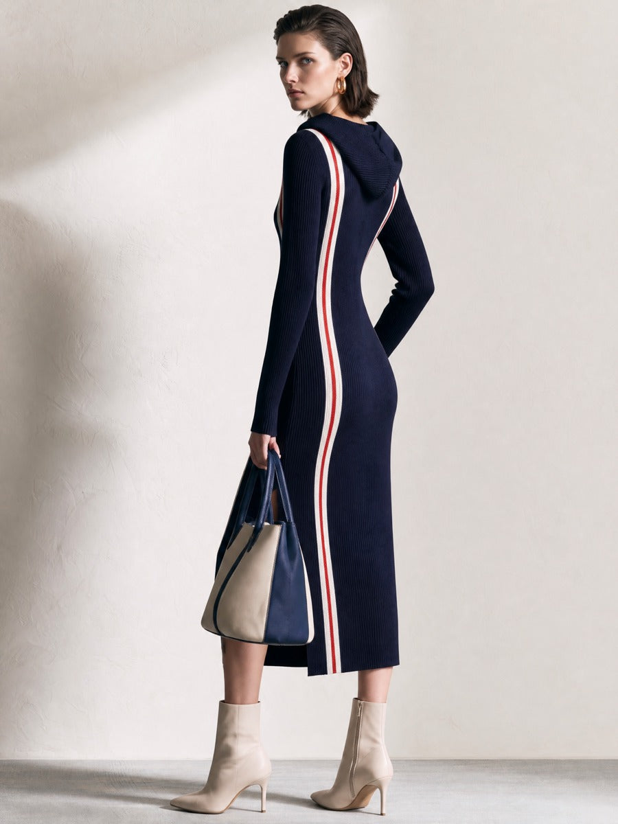 Navy Striped Hooded Half‑Zip Knit Midi Dress